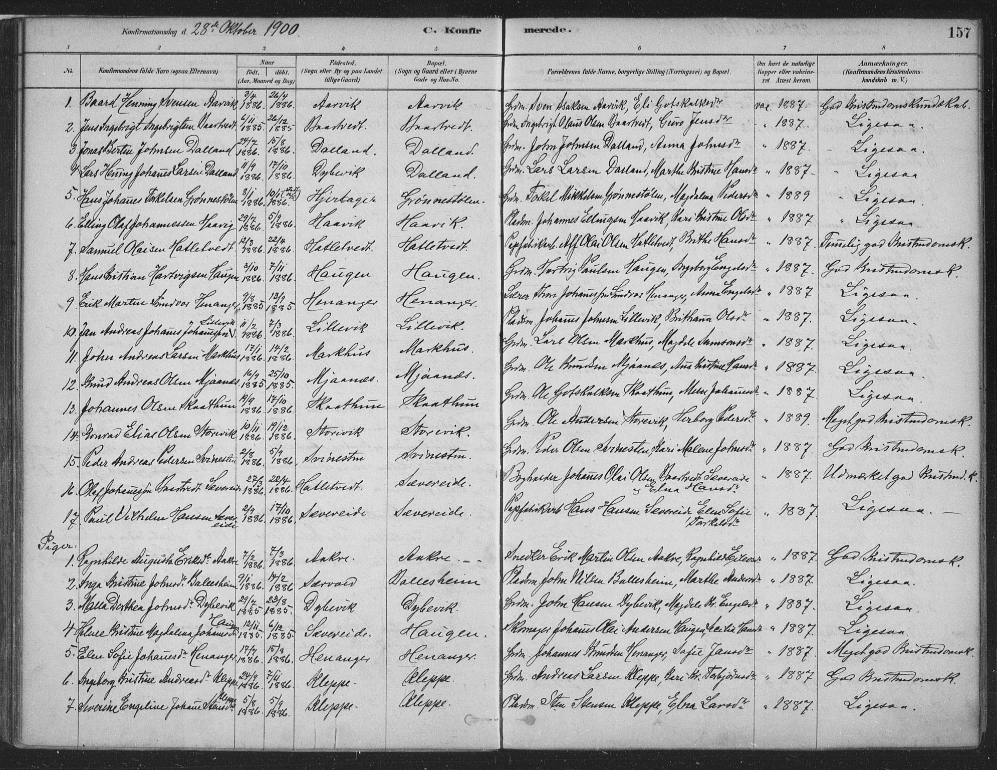 Fusa sokneprestembete, SAB/A-75401/H/Haa: Parish register (official) no. D 1, 1880-1938, p. 157