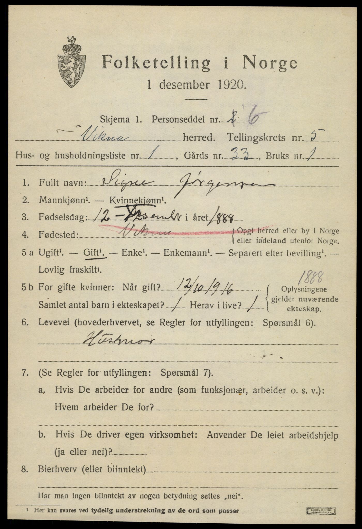 SAT, 1920 census for Vikna, 1920, p. 4629