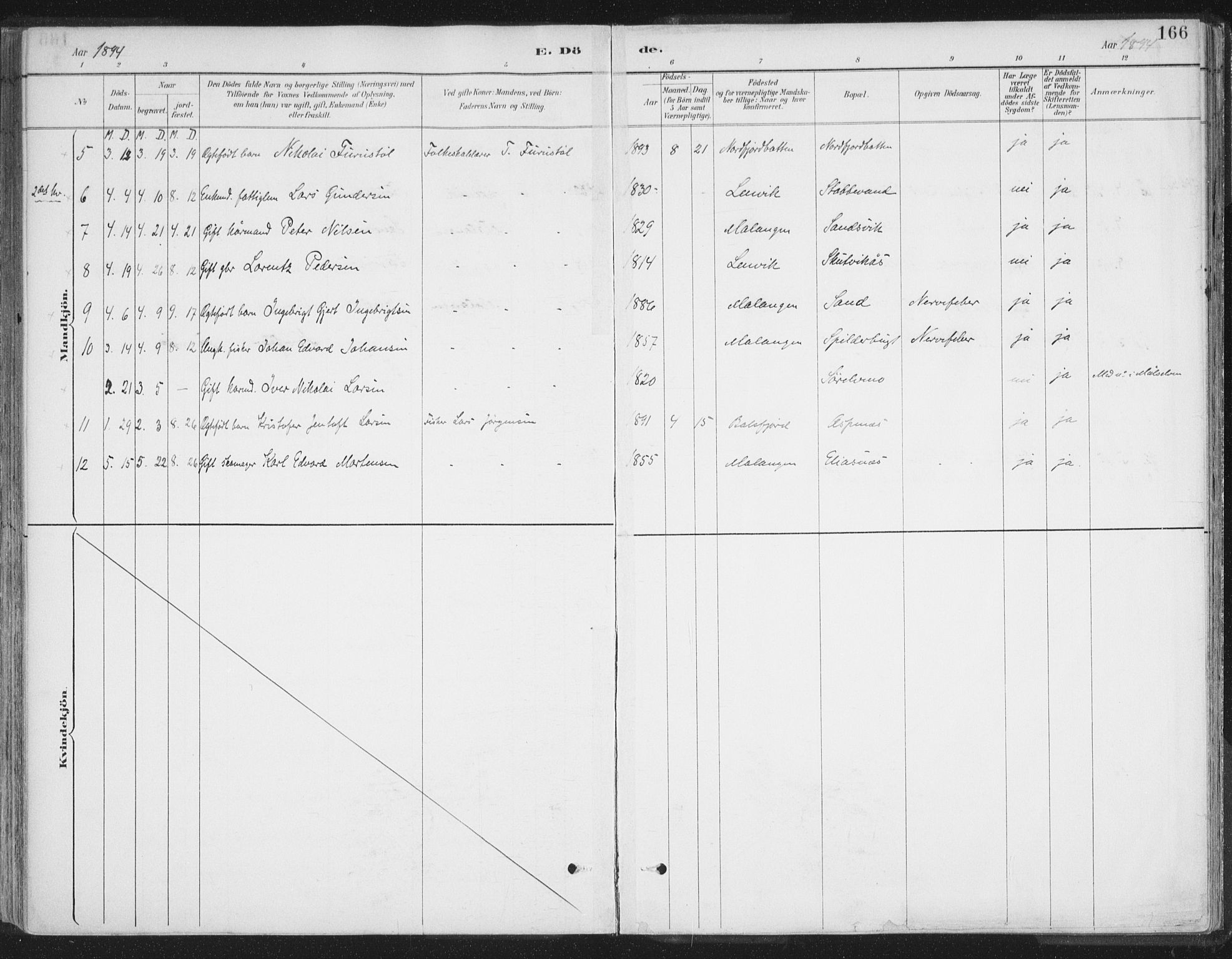 Balsfjord sokneprestembete, AV/SATØ-S-1303/G/Ga/L0007kirke: Parish register (official) no. 7, 1887-1909, p. 166