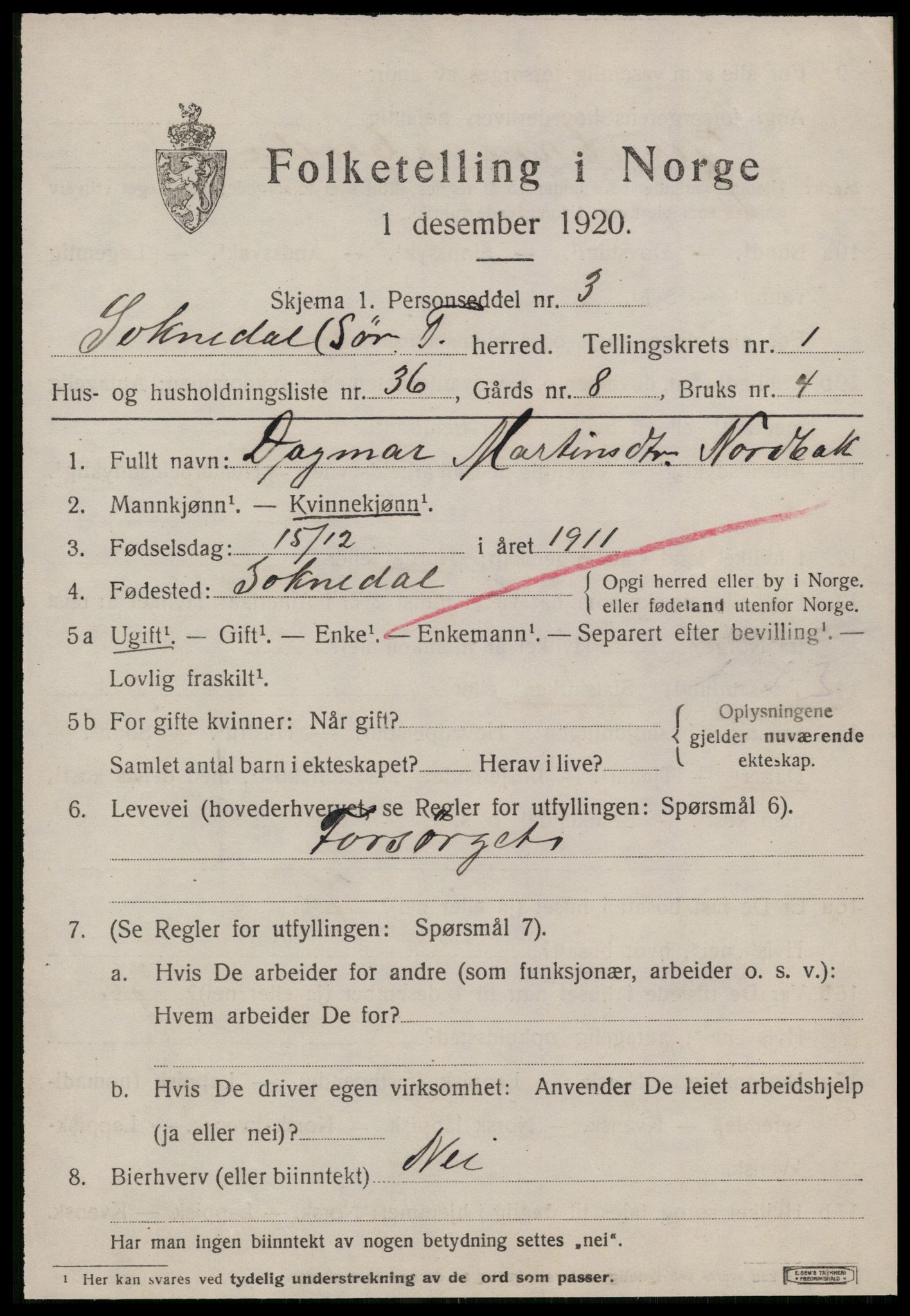 SAT, 1920 census for Soknedal, 1920, p. 1210