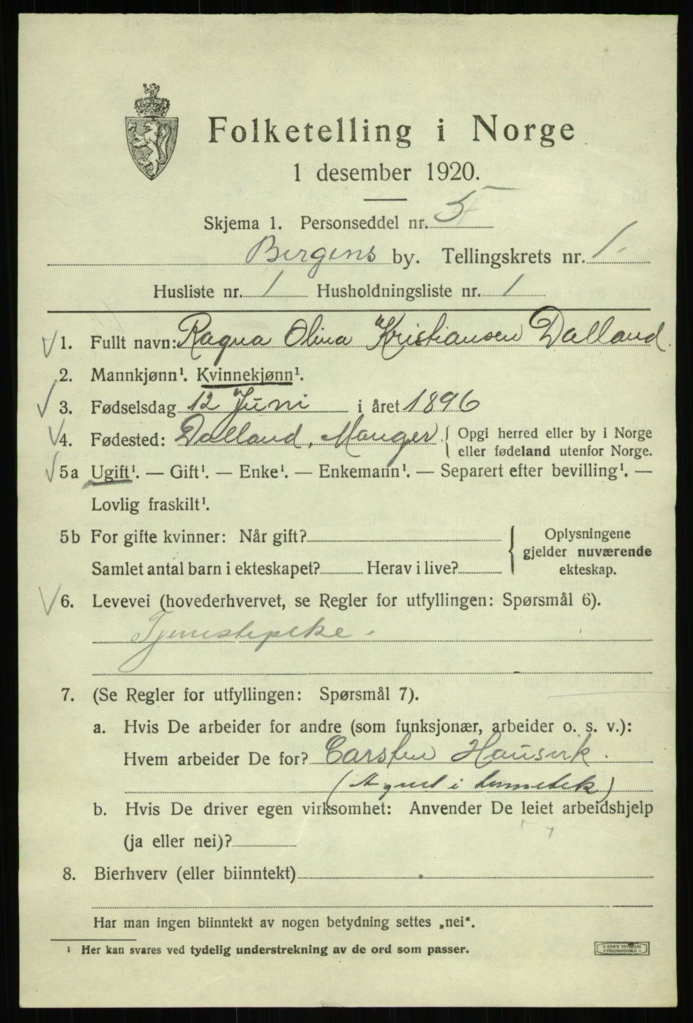 SAB, 1920 census for Bergen, 1920, p. 58189