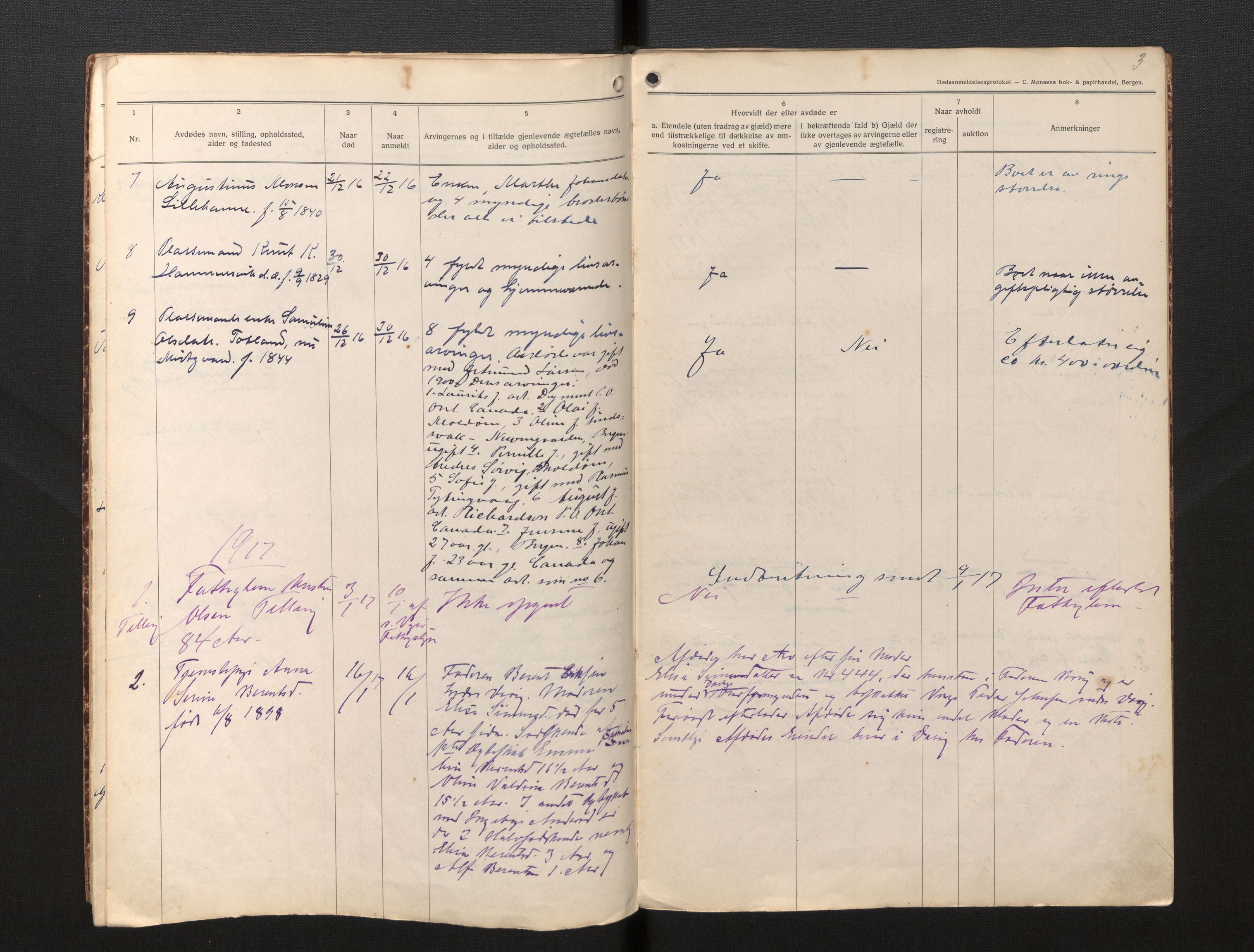 Lensmannen i Selje, AV/SAB-A-29701/0006/L0007: Dødsfallprotokoll, 1916-1920, p. 3