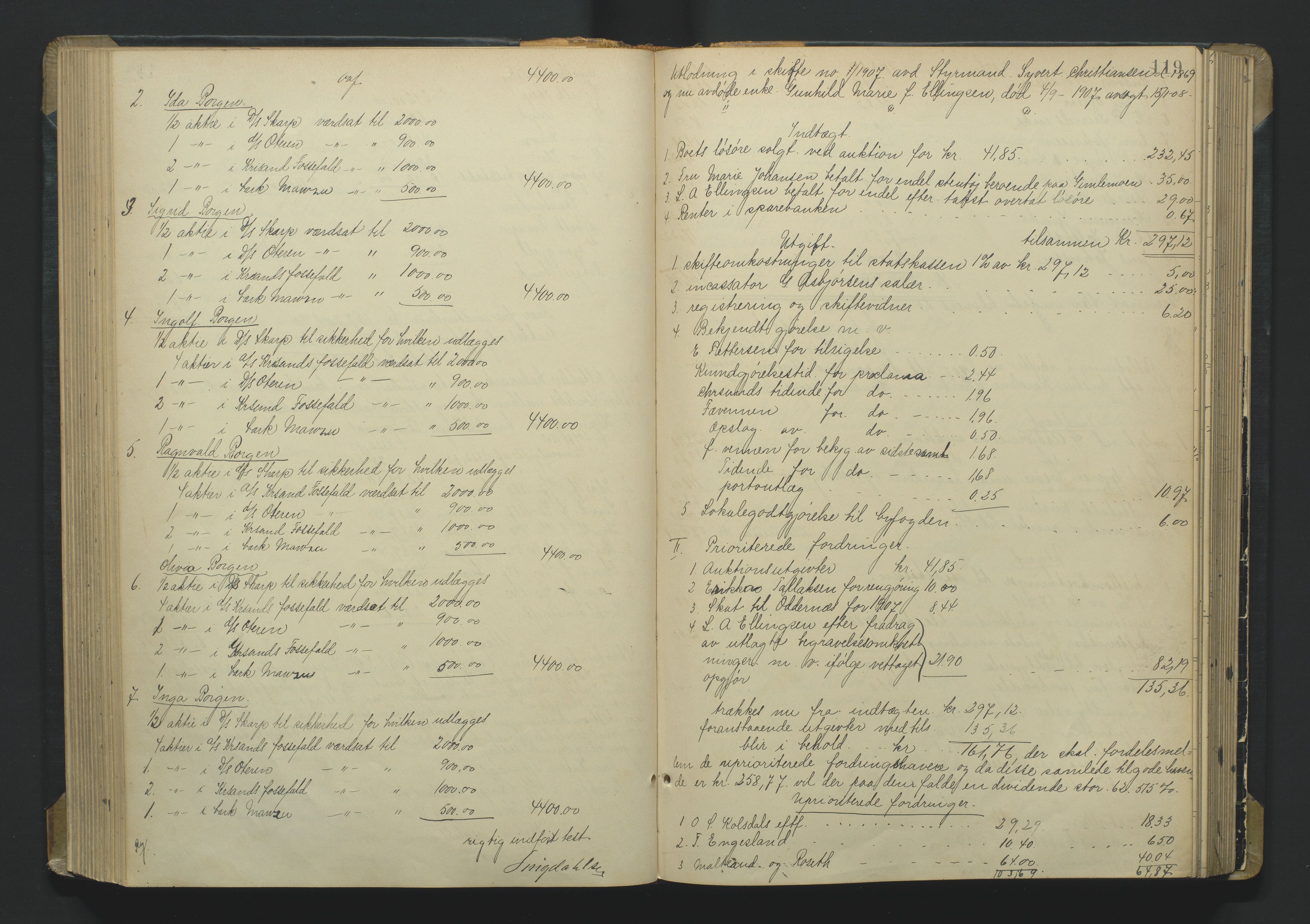 Kristiansand byrett, AV/SAK-1223-0001/H/Hc/L0060: Skifteutlodningsprotokoll nr. 6, med register, 1903-1916, p. 119