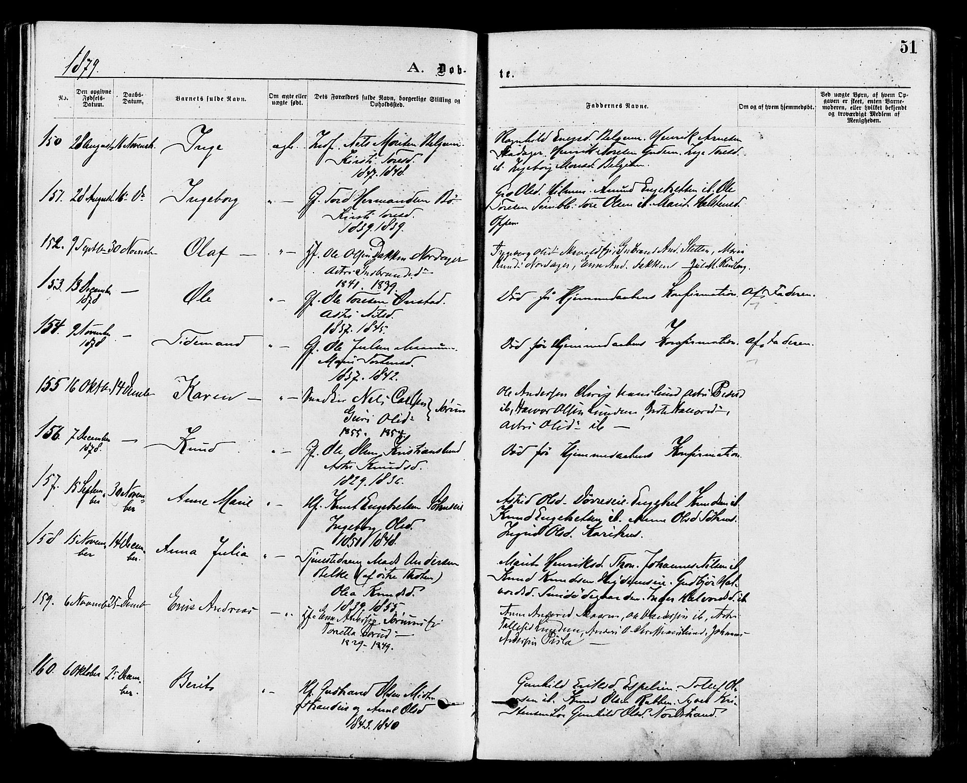 Nord-Aurdal prestekontor, SAH/PREST-132/H/Ha/Haa/L0009: Parish register (official) no. 9, 1876-1882, p. 51