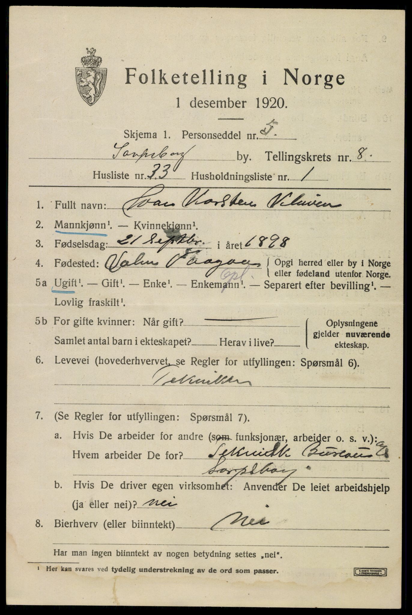 SAO, 1920 census for Sarpsborg, 1920, p. 17808