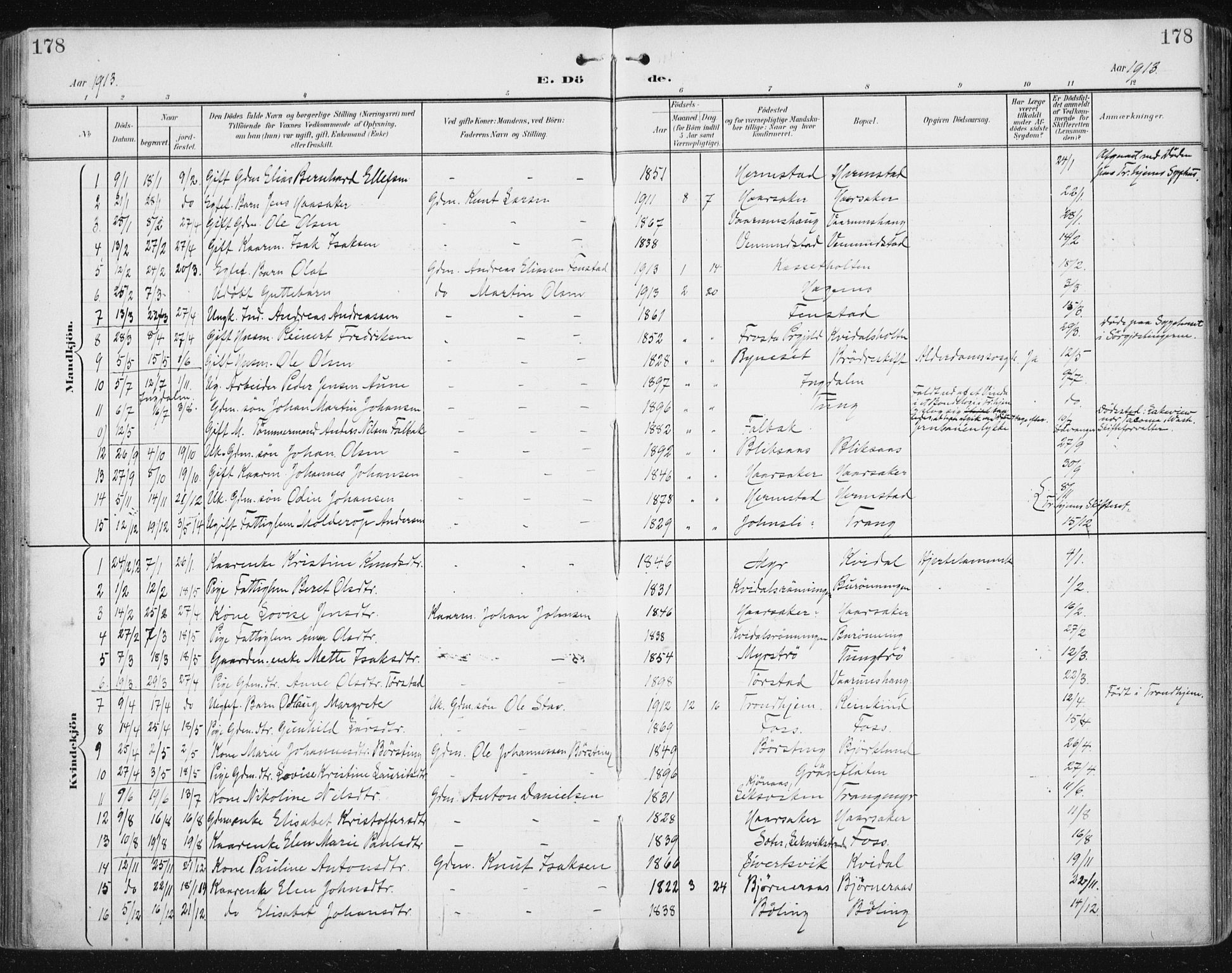 Ministerialprotokoller, klokkerbøker og fødselsregistre - Sør-Trøndelag, AV/SAT-A-1456/646/L0616: Parish register (official) no. 646A14, 1900-1918, p. 178