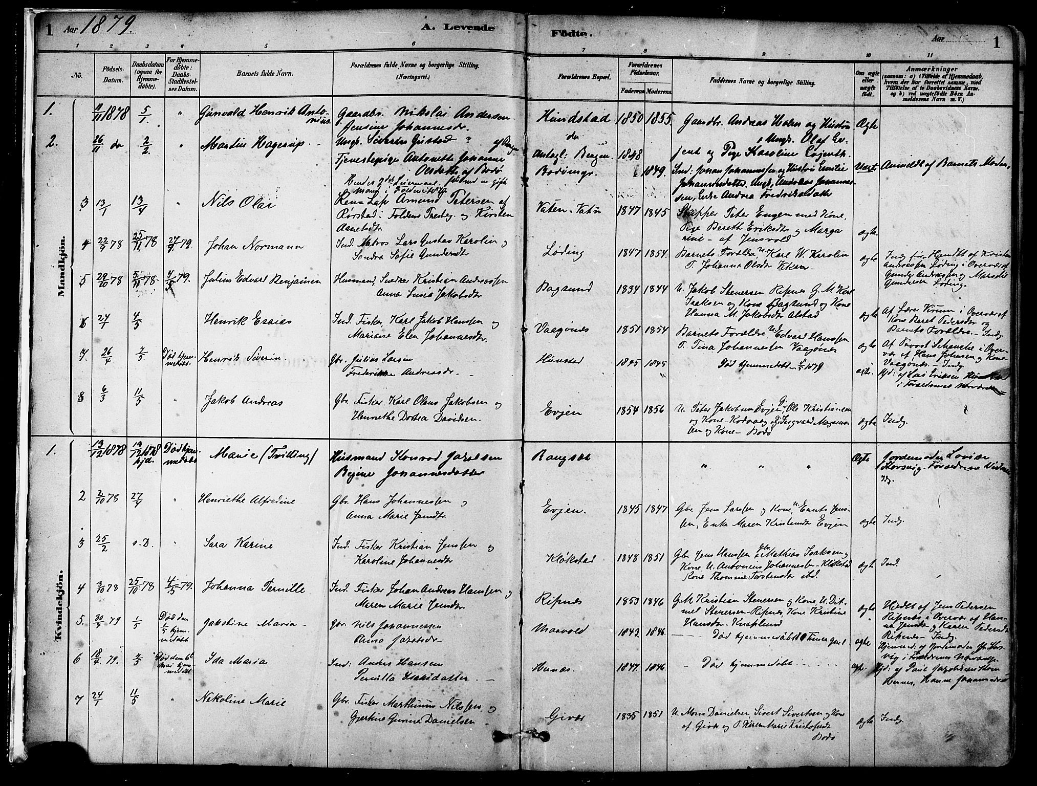 Ministerialprotokoller, klokkerbøker og fødselsregistre - Nordland, SAT/A-1459/802/L0054: Parish register (official) no. 802A01, 1879-1893, p. 1
