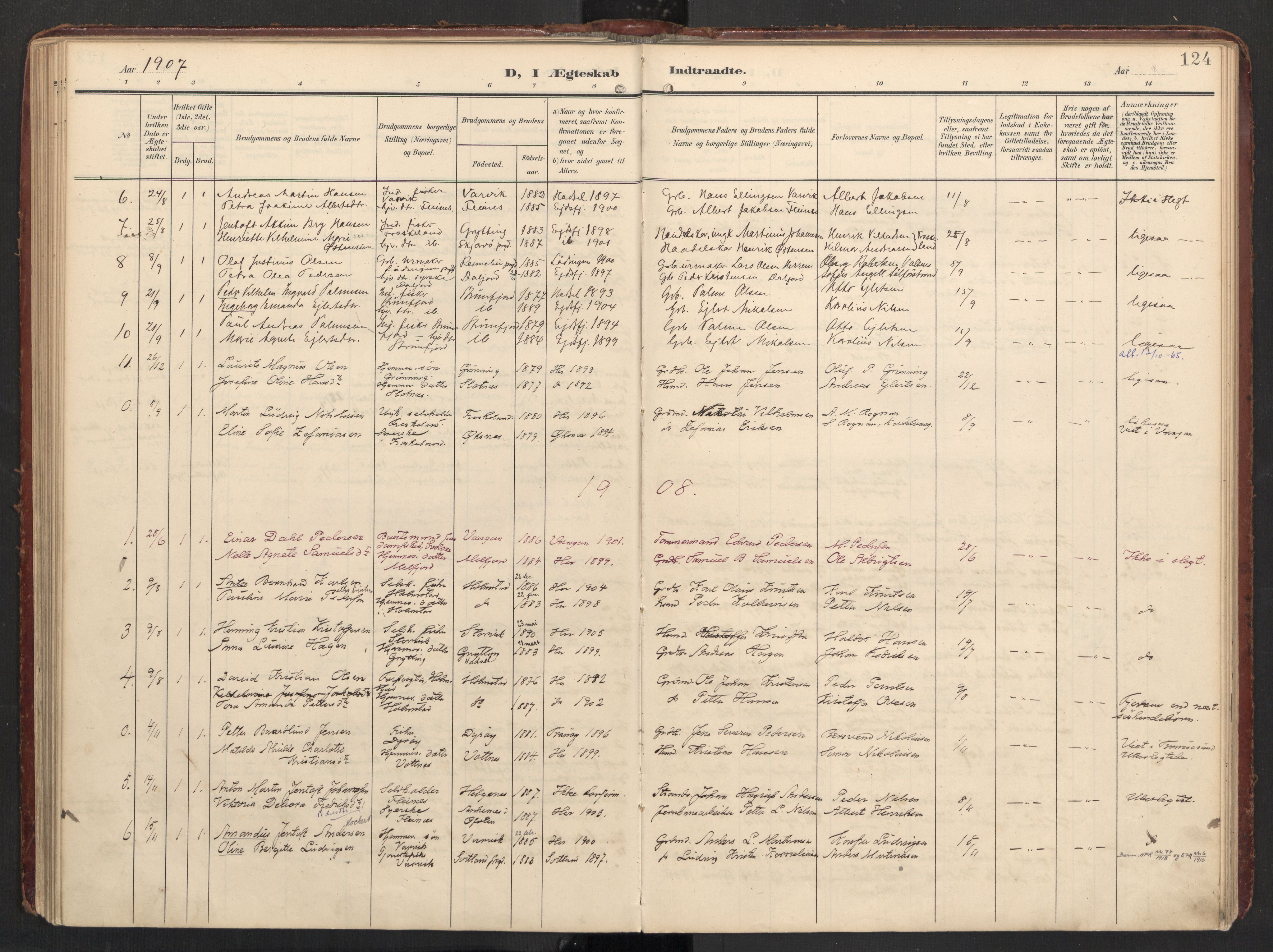 Ministerialprotokoller, klokkerbøker og fødselsregistre - Nordland, SAT/A-1459/890/L1287: Parish register (official) no. 890A02, 1903-1915, p. 124