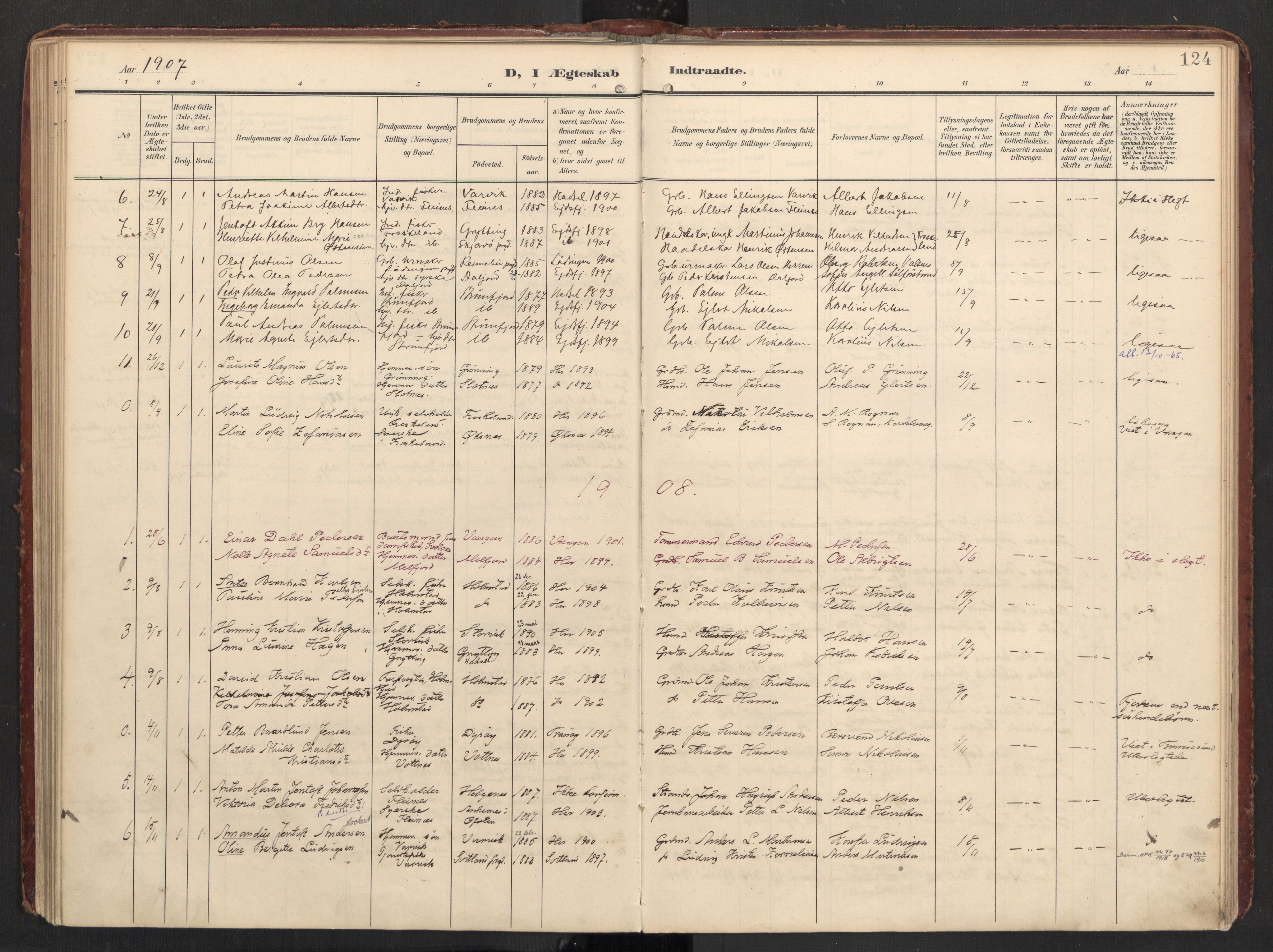 Ministerialprotokoller, klokkerbøker og fødselsregistre - Nordland, AV/SAT-A-1459/890/L1287: Parish register (official) no. 890A02, 1903-1915, p. 124