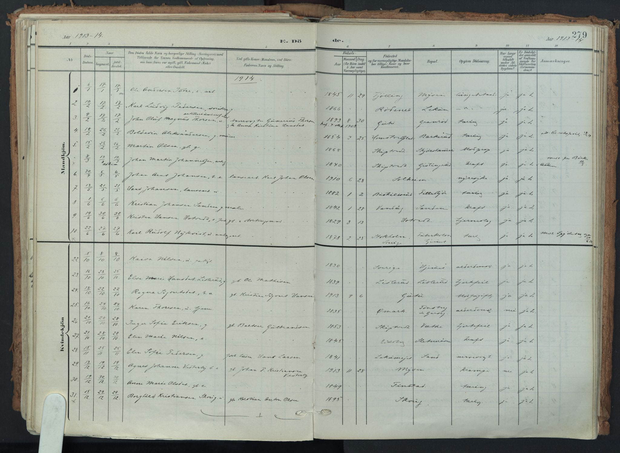 Eidsberg prestekontor Kirkebøker, AV/SAO-A-10905/F/Fa/L0014: Parish register (official) no. I 14, 1902-1919, p. 279