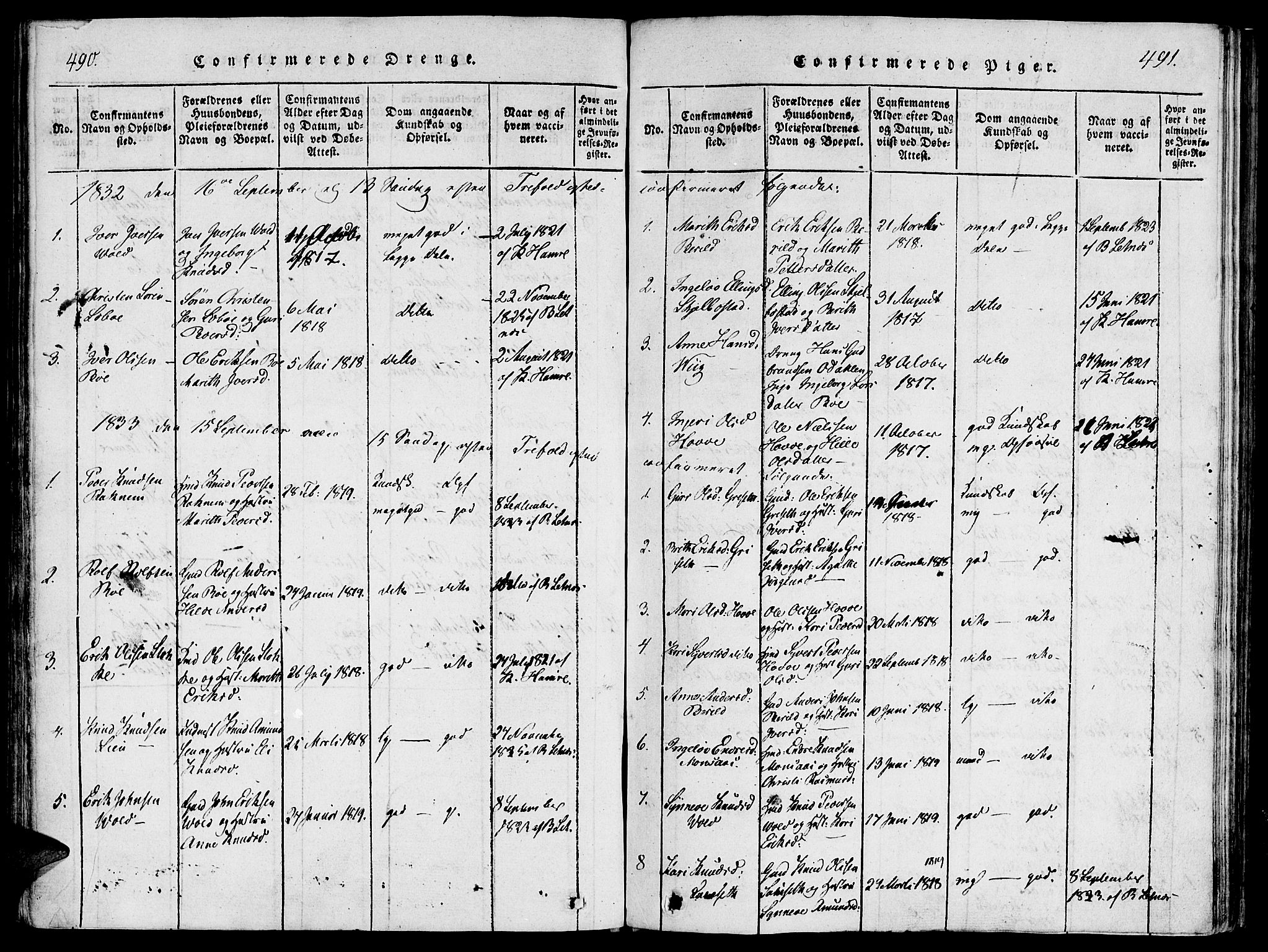 Ministerialprotokoller, klokkerbøker og fødselsregistre - Møre og Romsdal, SAT/A-1454/543/L0561: Parish register (official) no. 543A01, 1818-1853, p. 490-491