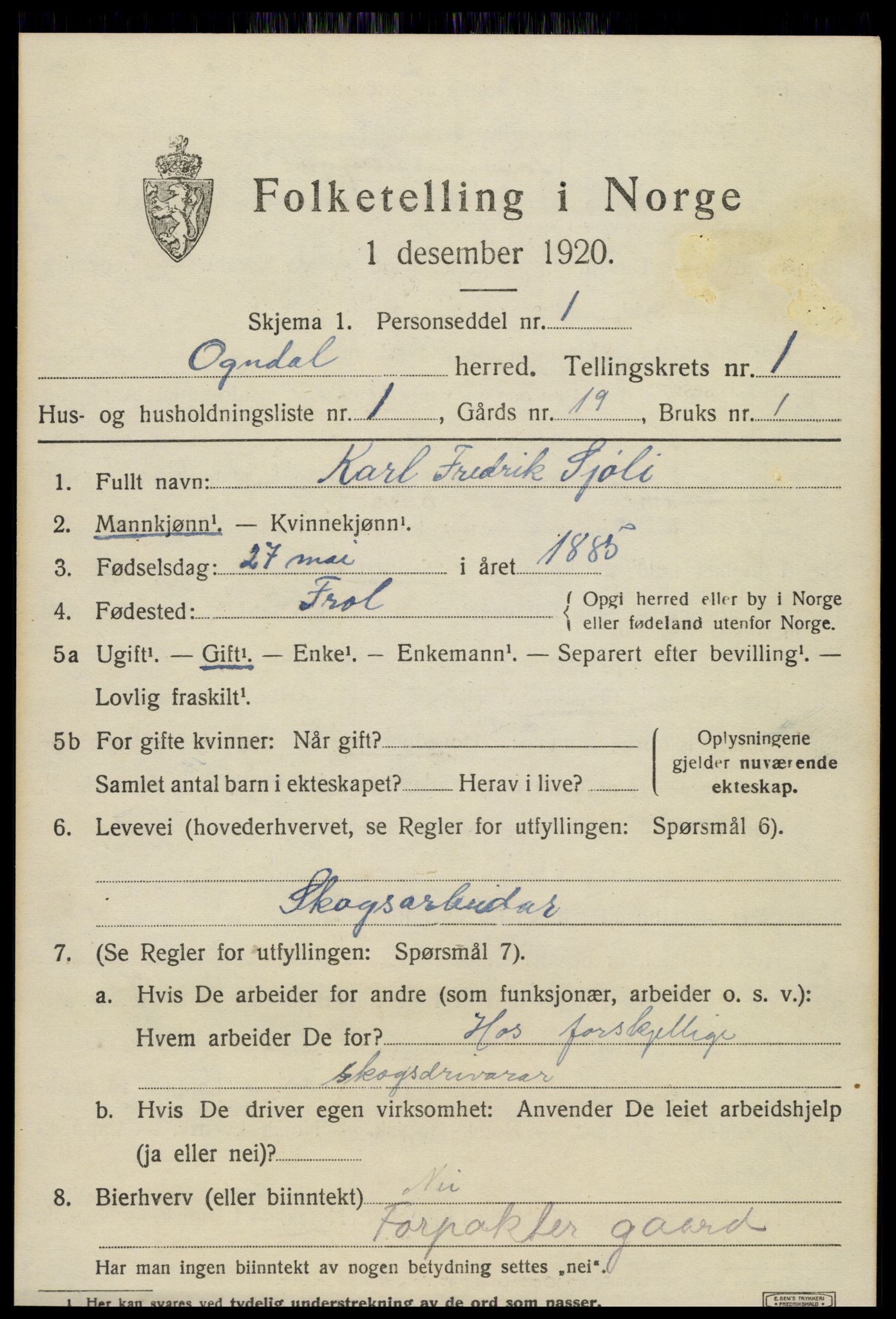 SAT, 1920 census for Ogndal, 1920, p. 495