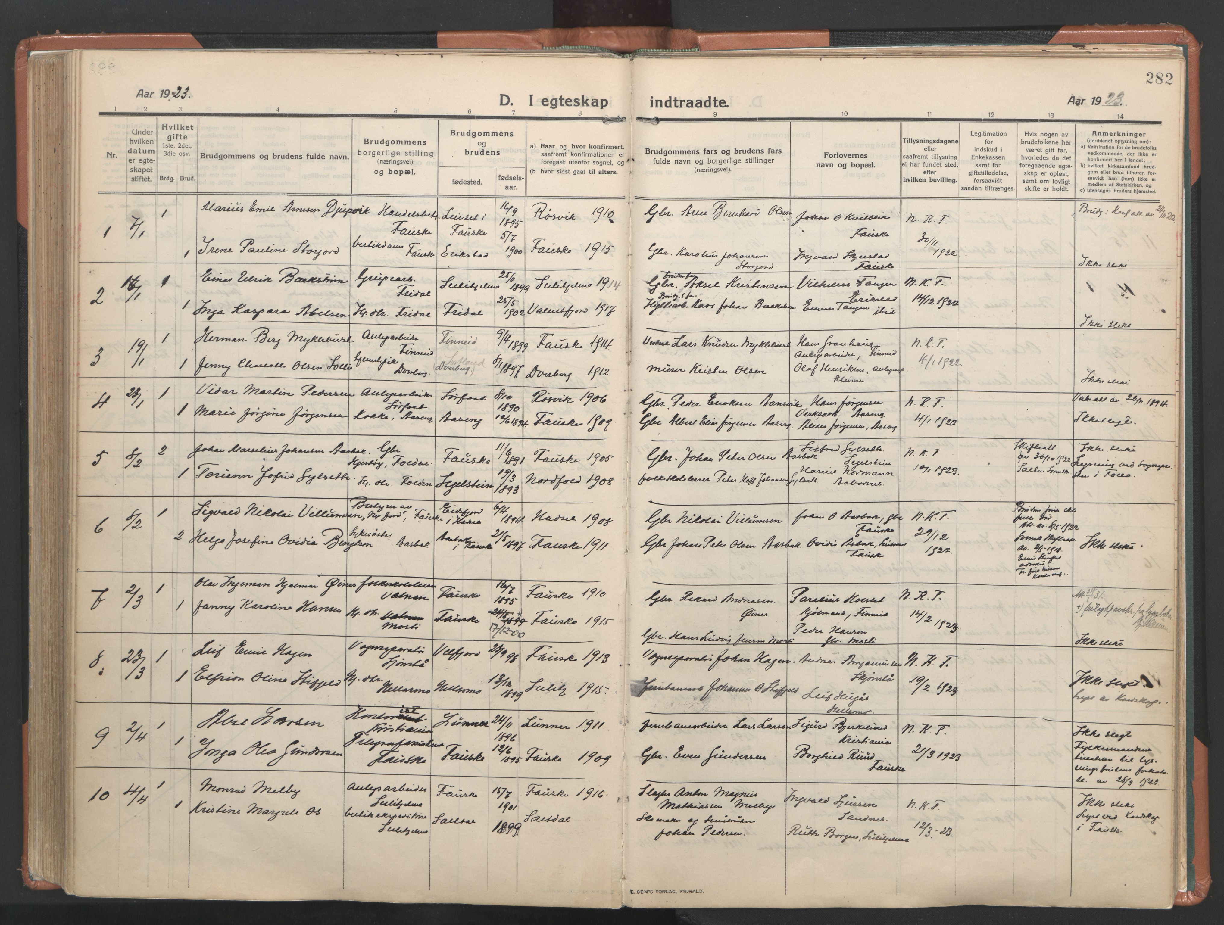Ministerialprotokoller, klokkerbøker og fødselsregistre - Nordland, SAT/A-1459/849/L0698: Parish register (official) no. 849A09, 1911-1924, p. 282