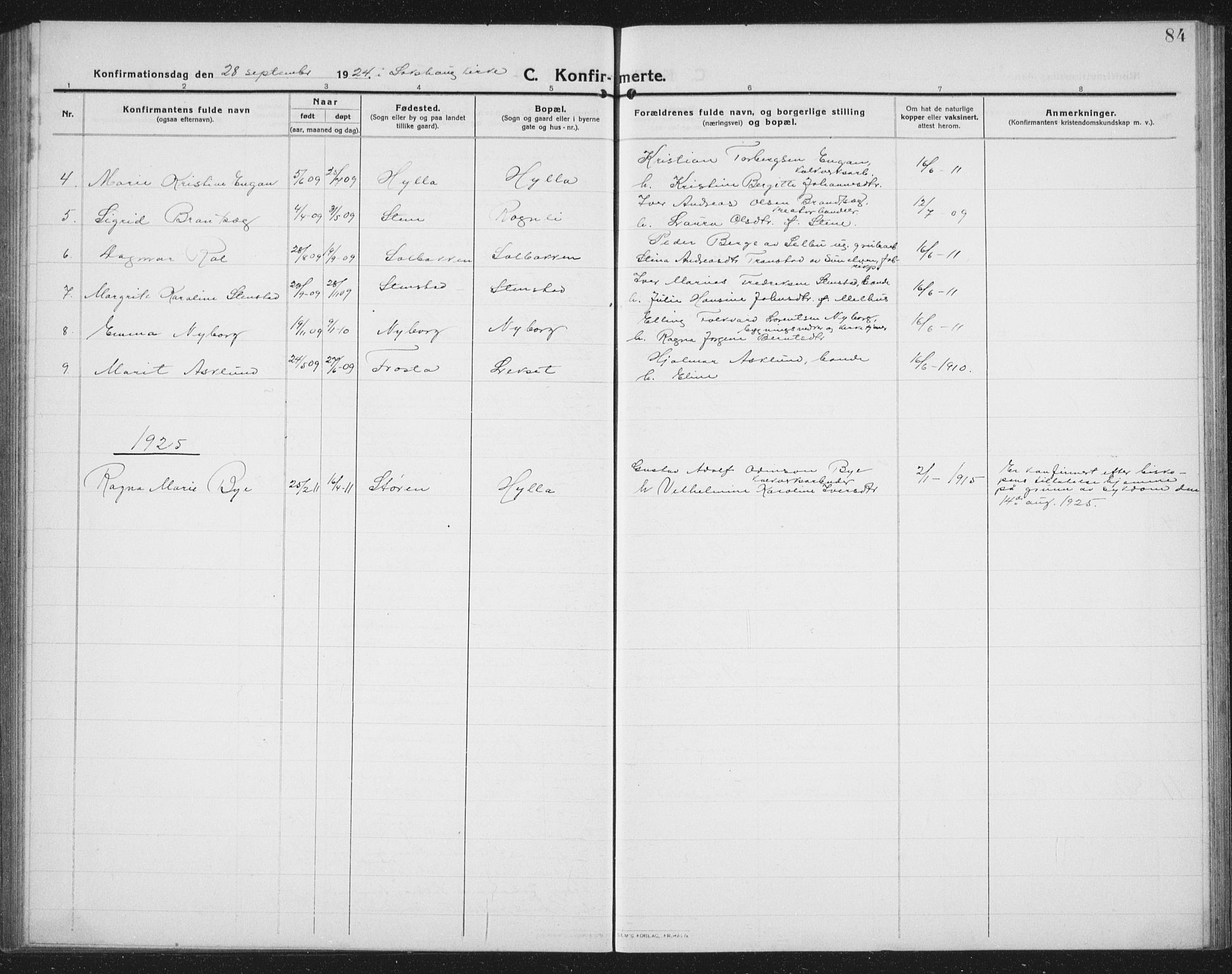 Ministerialprotokoller, klokkerbøker og fødselsregistre - Nord-Trøndelag, SAT/A-1458/731/L0312: Parish register (copy) no. 731C03, 1911-1935, p. 84