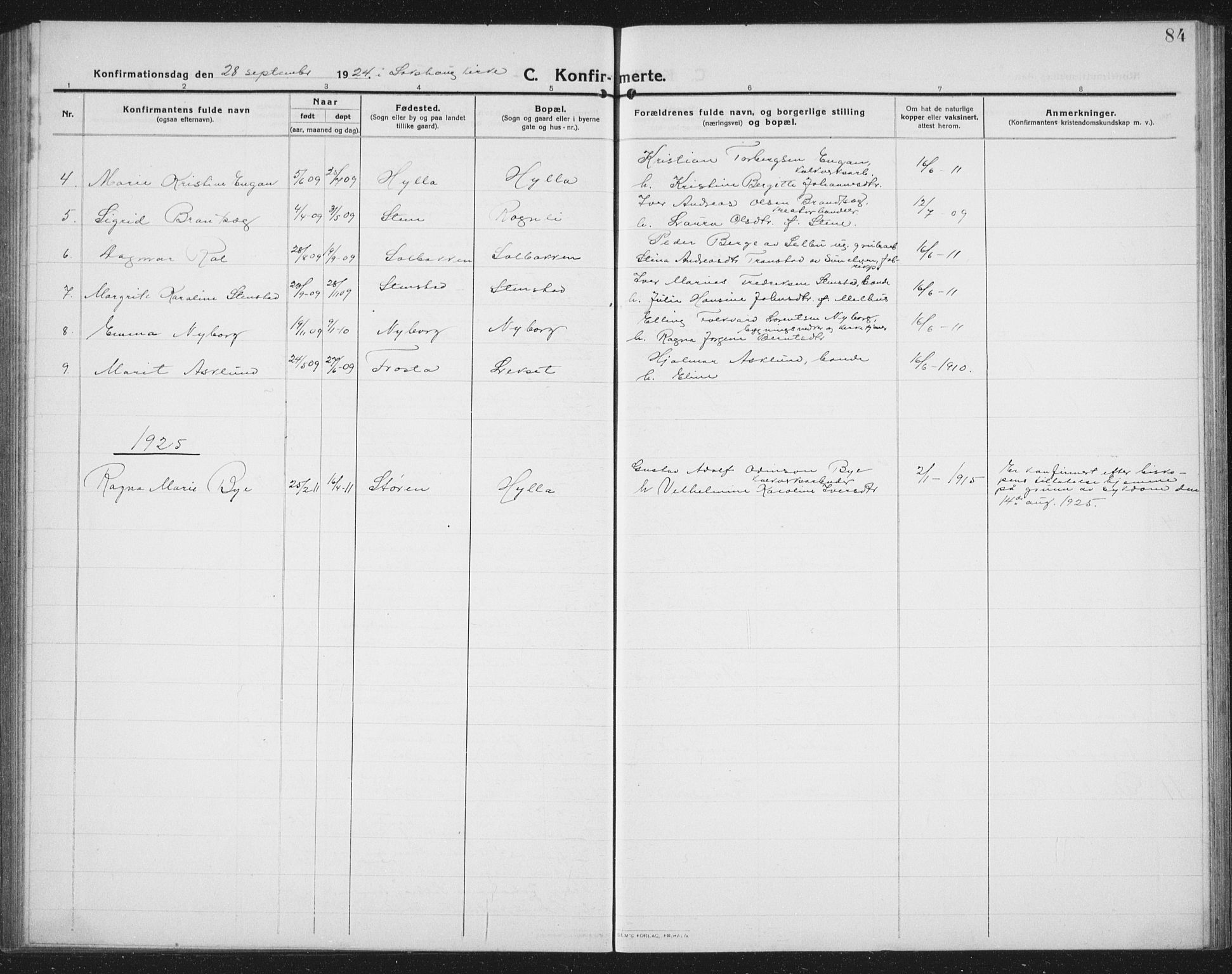 Ministerialprotokoller, klokkerbøker og fødselsregistre - Nord-Trøndelag, AV/SAT-A-1458/731/L0312: Parish register (copy) no. 731C03, 1911-1935, p. 84