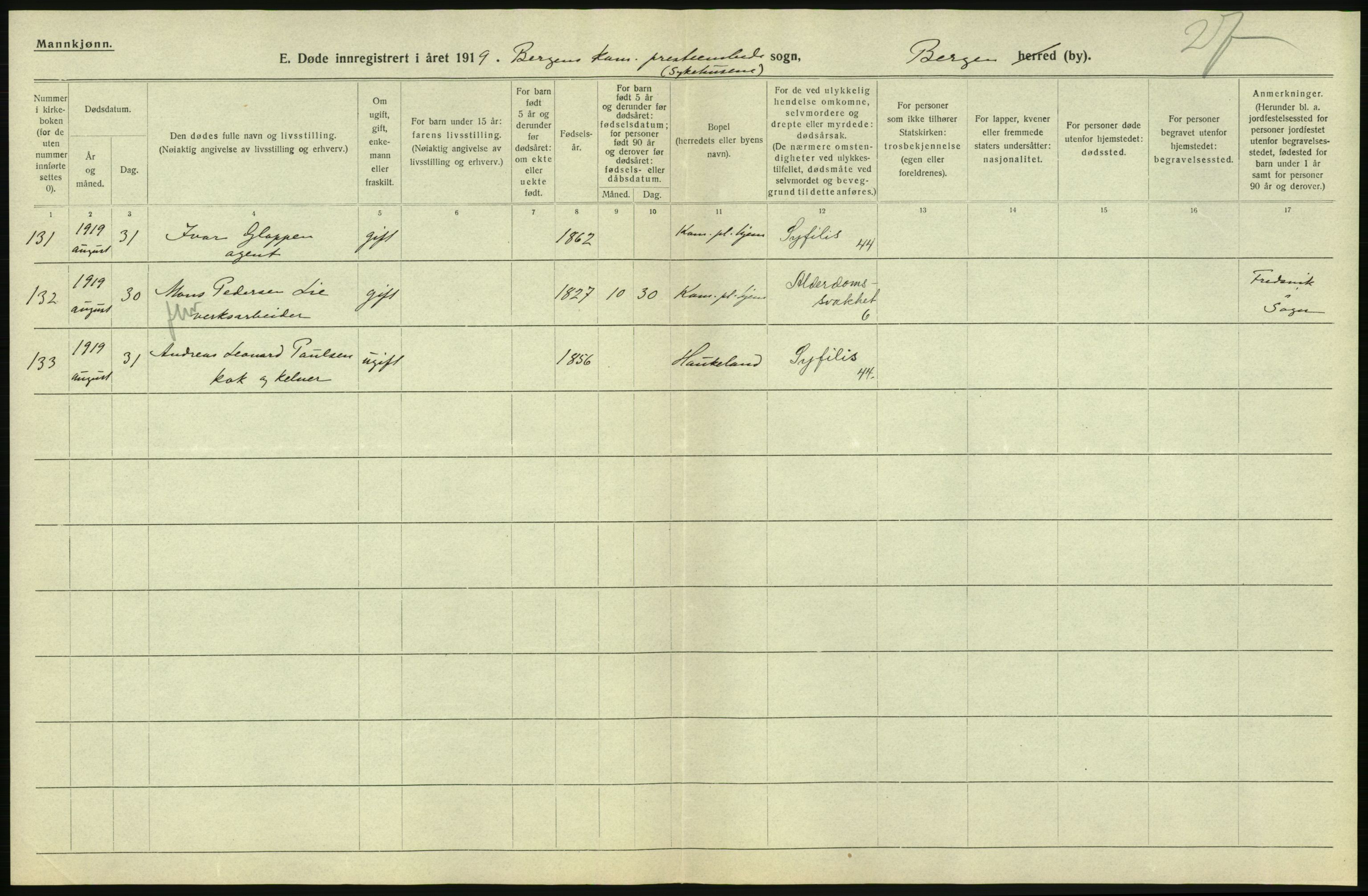 Statistisk sentralbyrå, Sosiodemografiske emner, Befolkning, AV/RA-S-2228/D/Df/Dfb/Dfbi/L0035: Bergen: Gifte, døde, dødfødte., 1919, p. 384