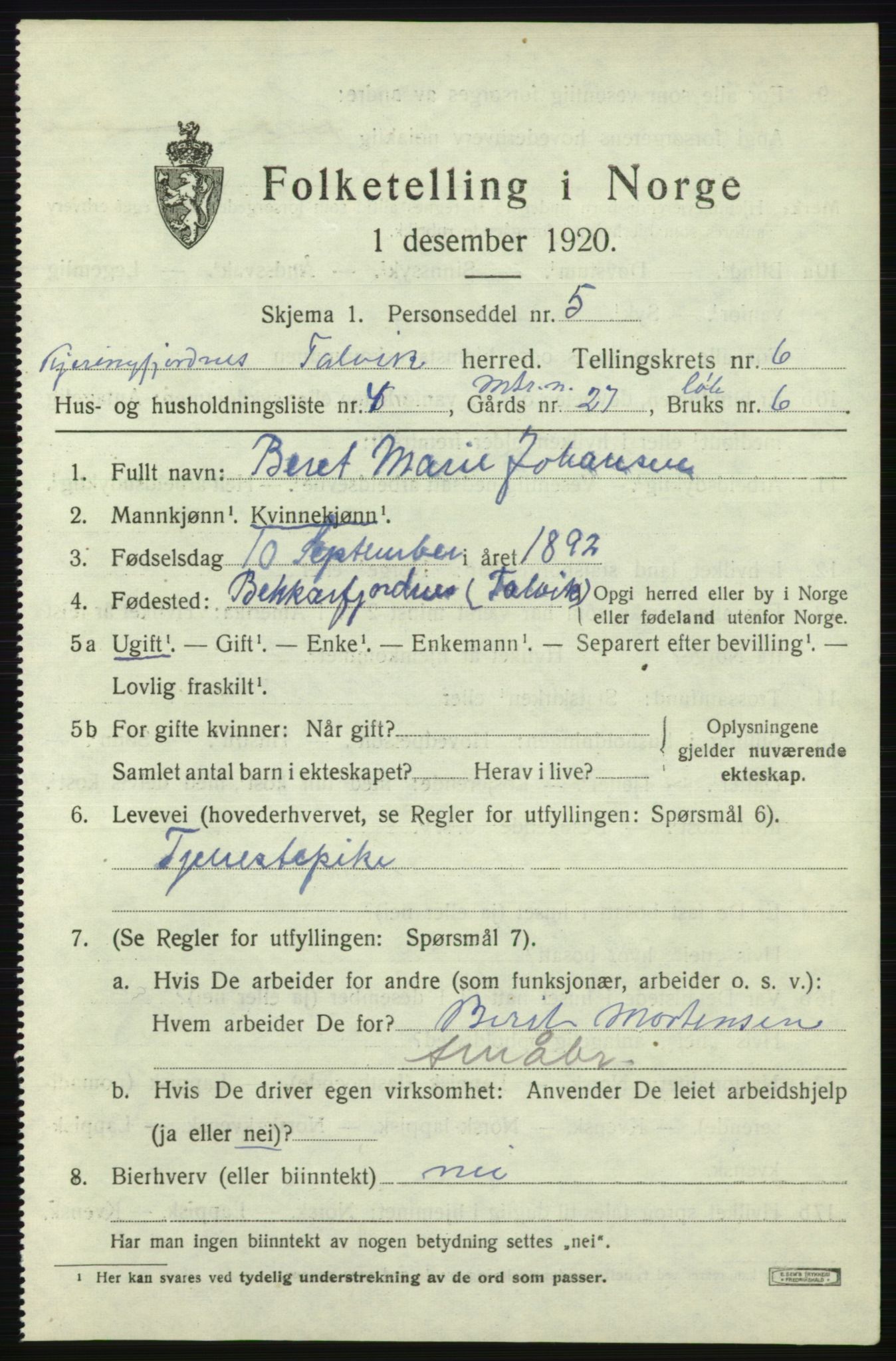 SATØ, 1920 census for Talvik, 1920, p. 3668