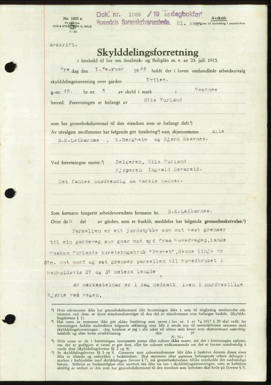 Romsdal sorenskriveri, AV/SAT-A-4149/1/2/2C: Mortgage book no. A20, 1946-1946, Diary no: : 1589/1946