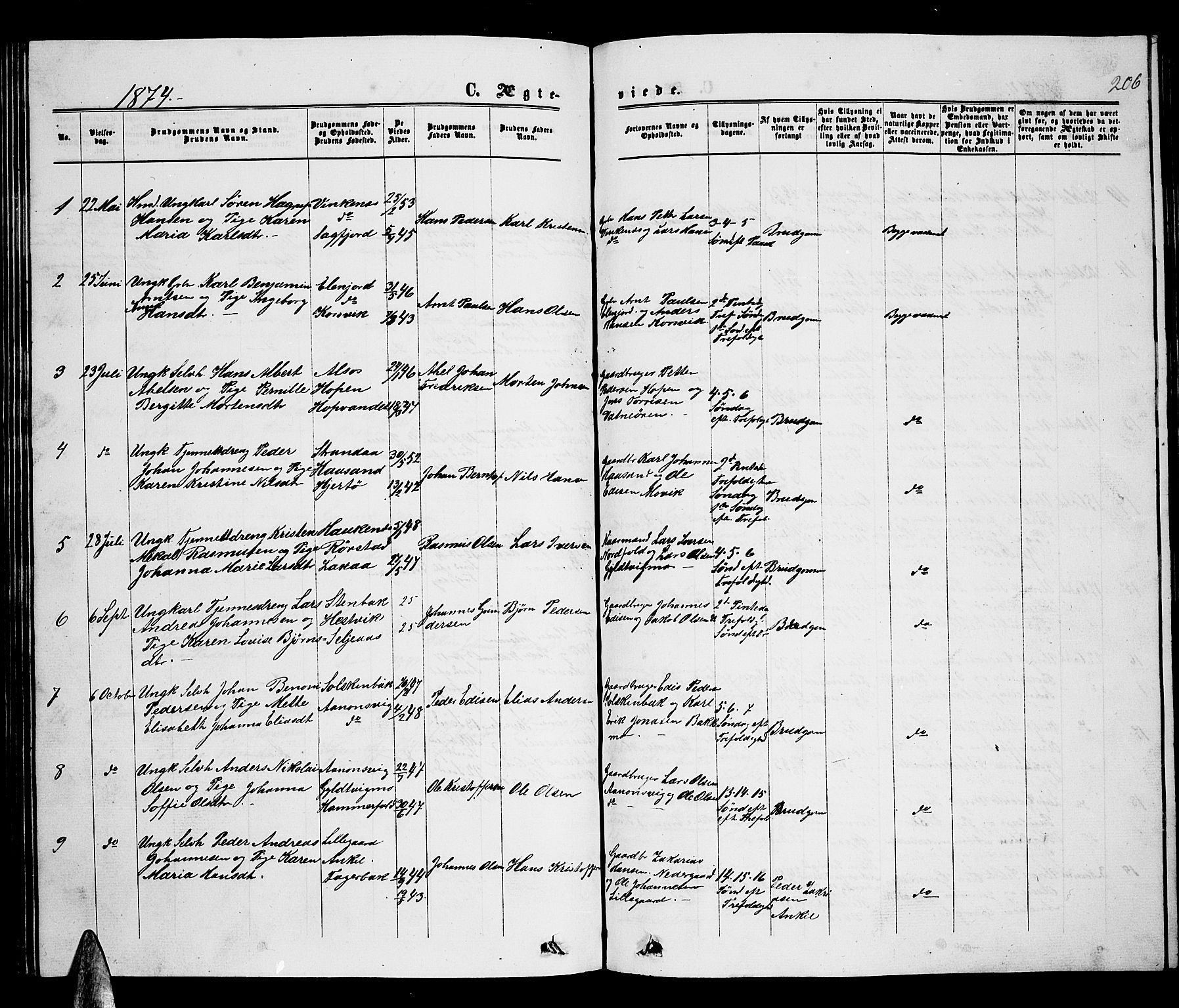 Ministerialprotokoller, klokkerbøker og fødselsregistre - Nordland, AV/SAT-A-1459/853/L0775: Parish register (copy) no. 853C03, 1859-1877, p. 206