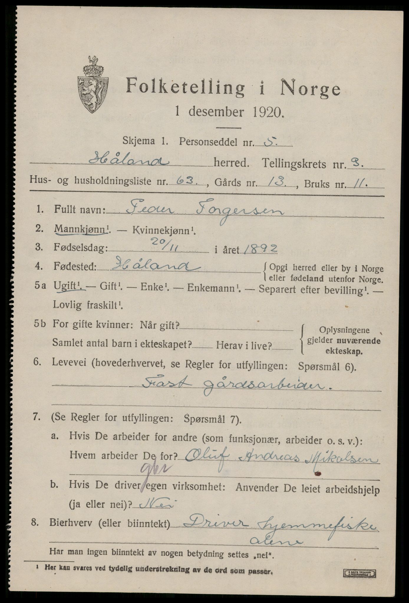 SAST, 1920 census for Håland, 1920, p. 3601