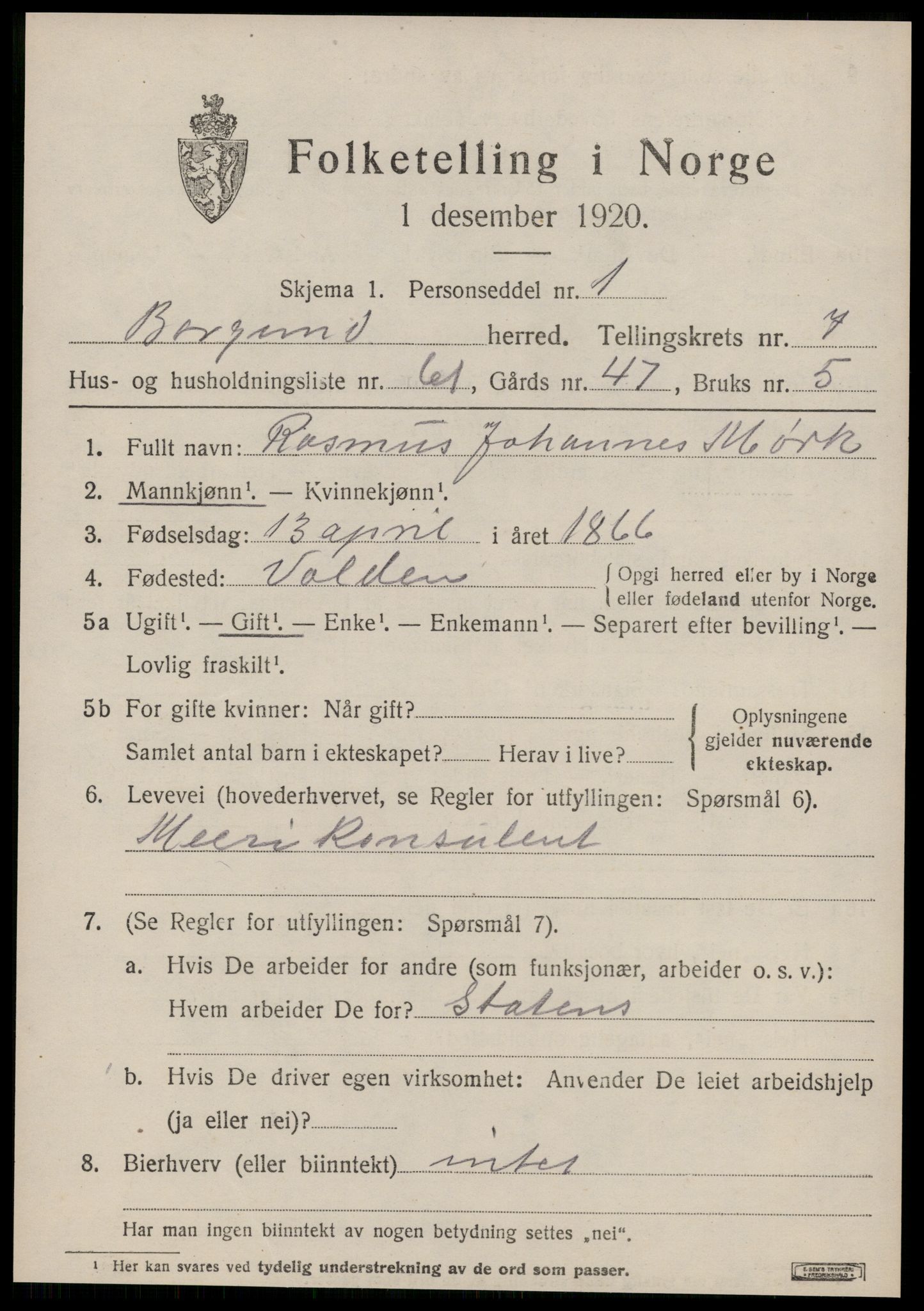 SAT, 1920 census for Borgund, 1920, p. 6872
