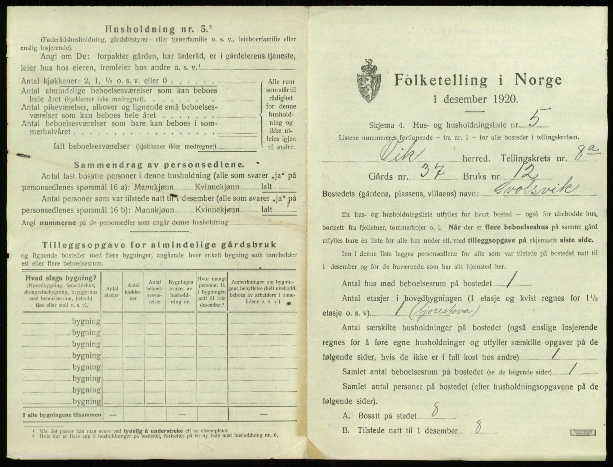 SAB, 1920 census for Vik, 1920, p. 888