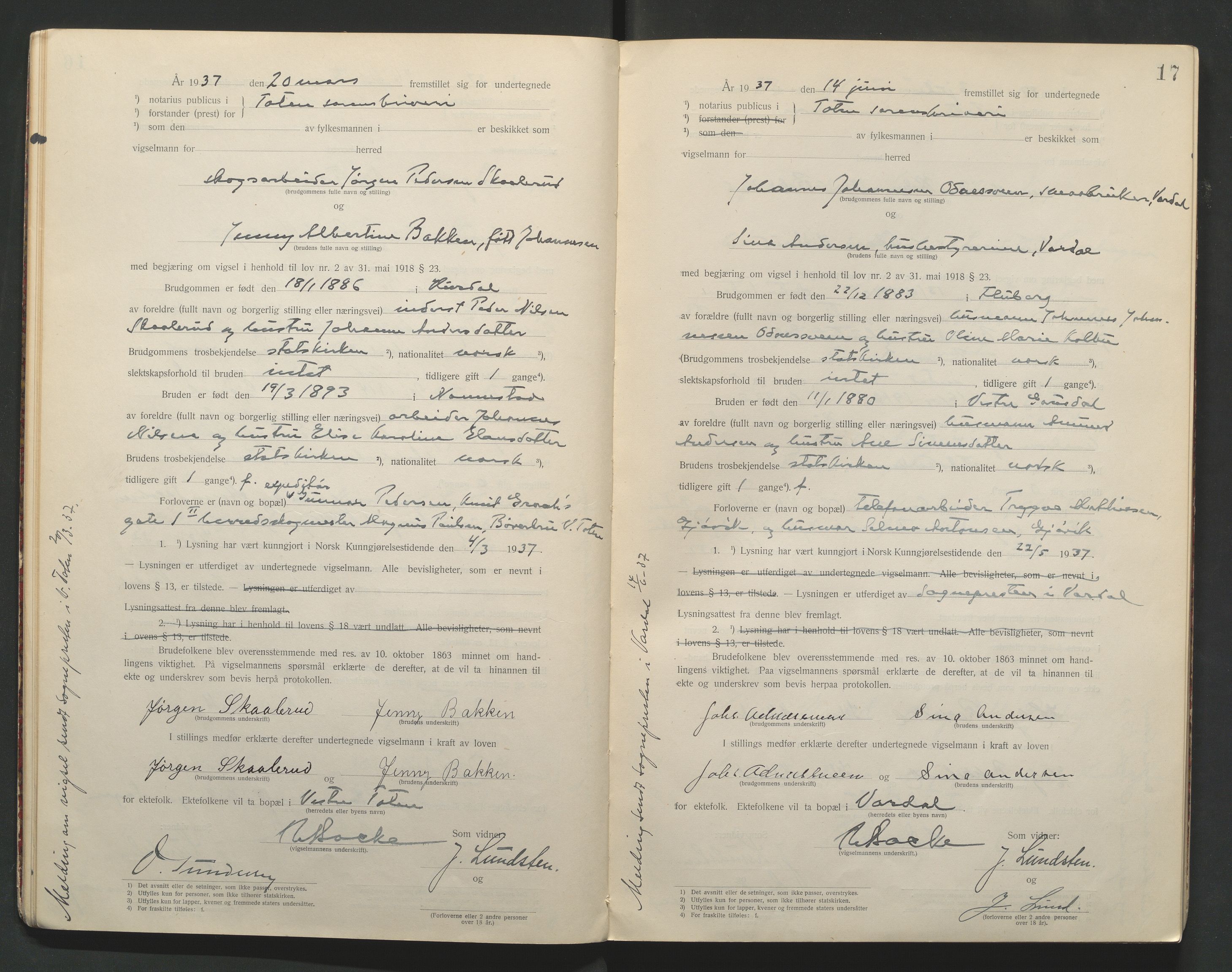 Toten tingrett, AV/SAH-TING-006/L/Lc/L0001: Vigselbok, 1920-1942, p. 17