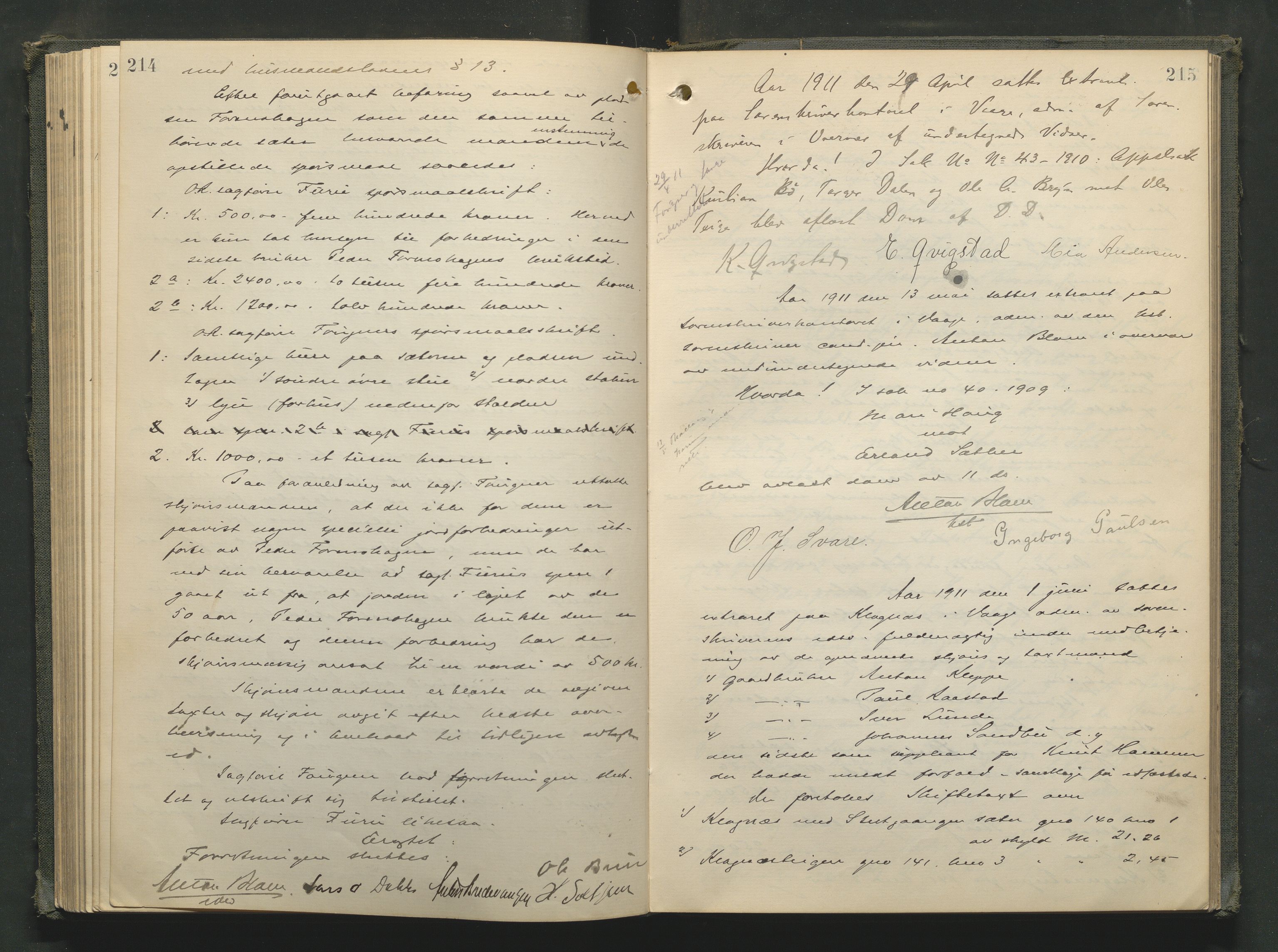 Nord-Gudbrandsdal tingrett, AV/SAH-TING-002/G/Gc/Gcb/L0008: Ekstrarettsprotokoll for åstedssaker, 1909-1913, p. 214-215