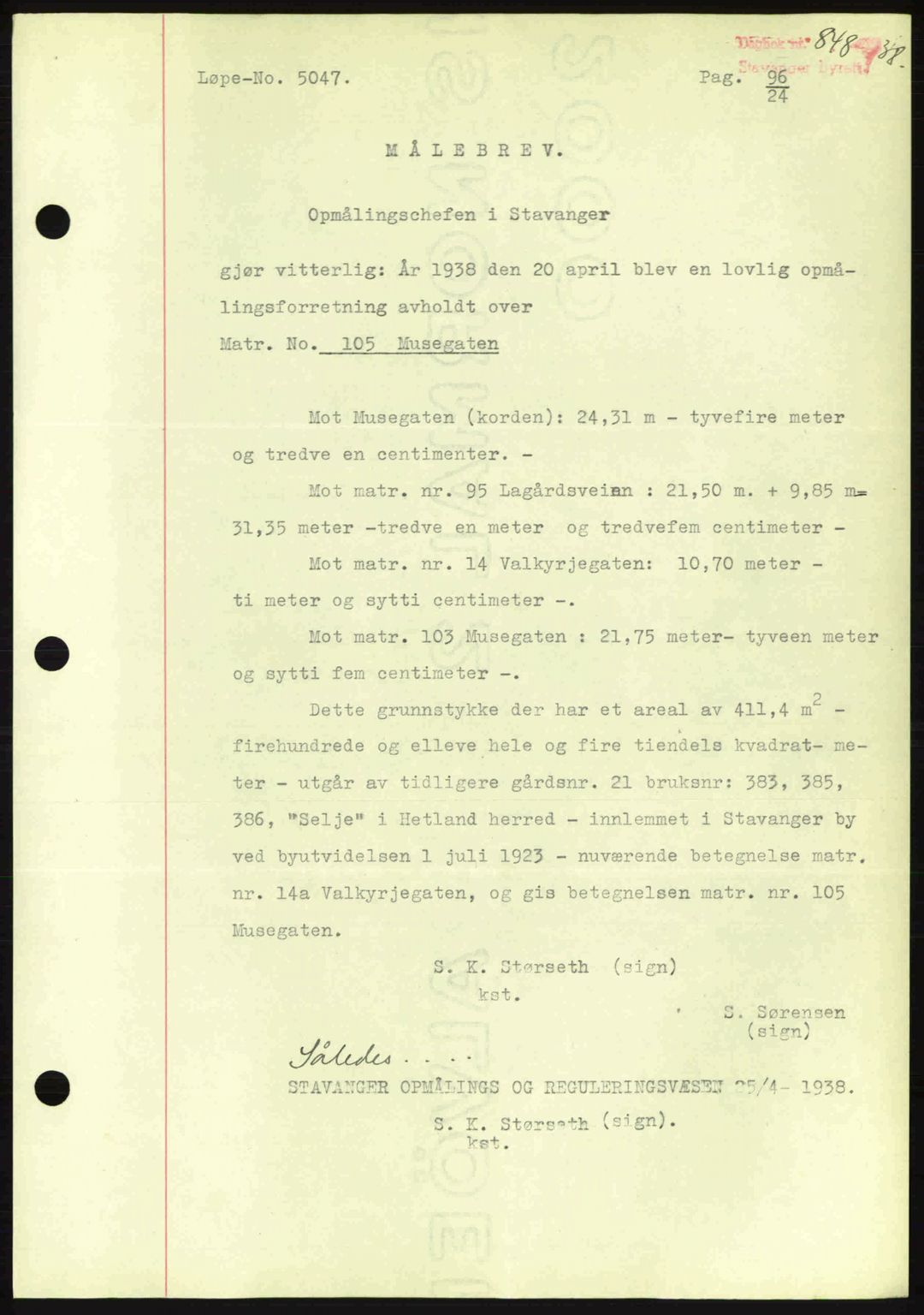 Stavanger byrett, SAST/A-100455/002/G/Gb/L0013: Mortgage book no. A3, 1937-1938, Diary no: : 848/1938