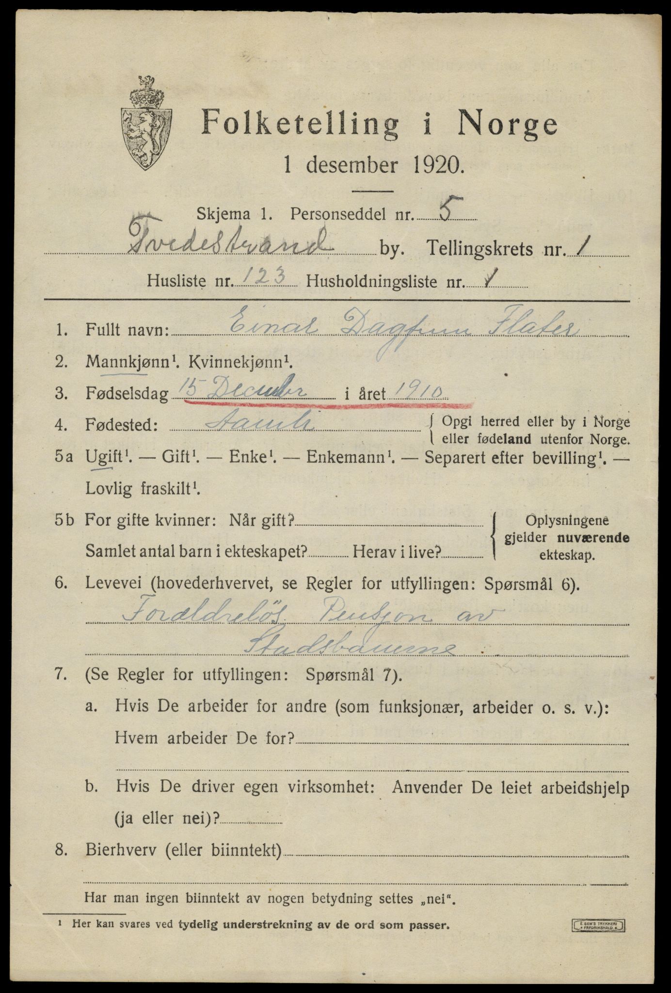 SAK, 1920 census for Tvedestrand, 1920, p. 2511