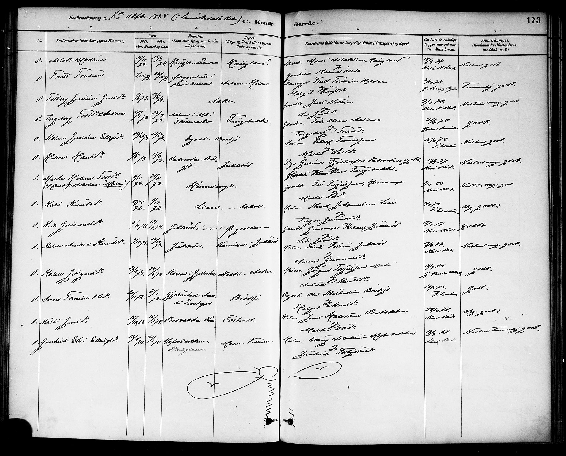 Drangedal kirkebøker, SAKO/A-258/F/Fa/L0010: Parish register (official) no. 10 /1, 1885-1894, p. 173