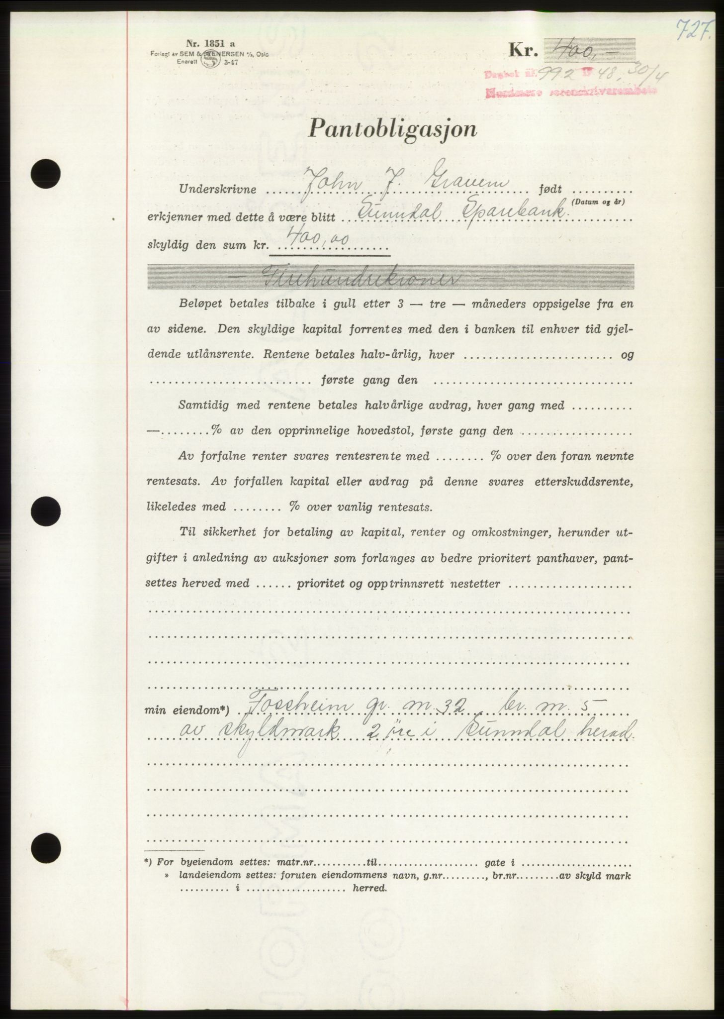 Nordmøre sorenskriveri, AV/SAT-A-4132/1/2/2Ca: Mortgage book no. B98, 1948-1948, Diary no: : 992/1948