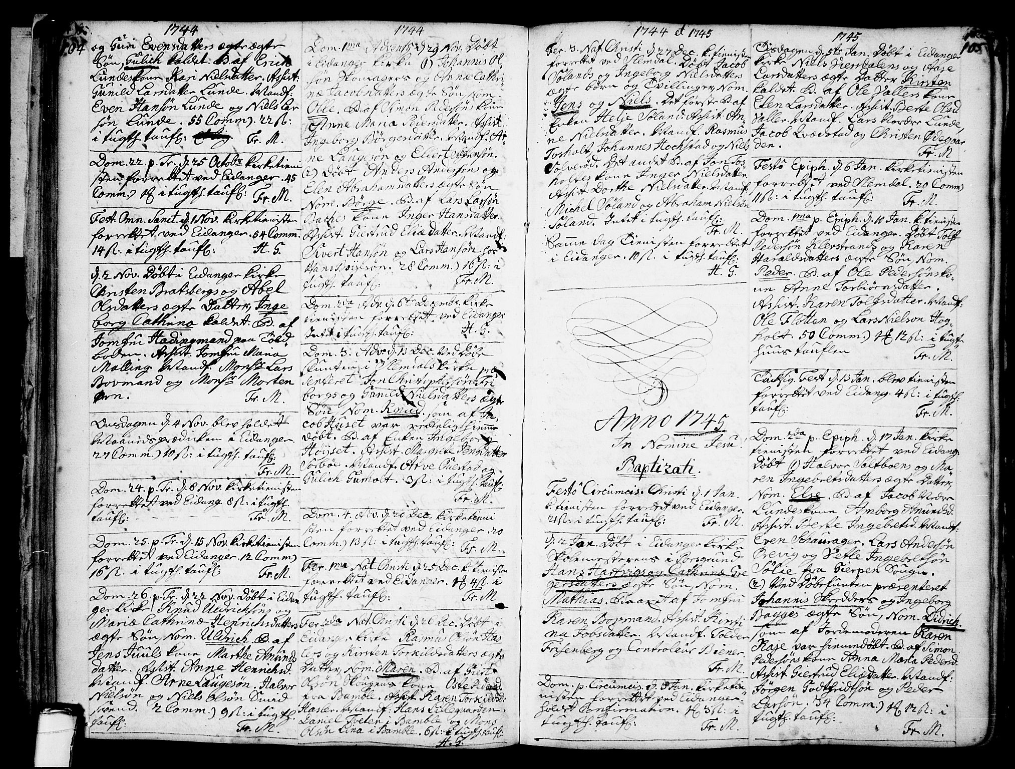 Eidanger kirkebøker, SAKO/A-261/F/Fa/L0004: Parish register (official) no. 4, 1733-1759, p. 104-105