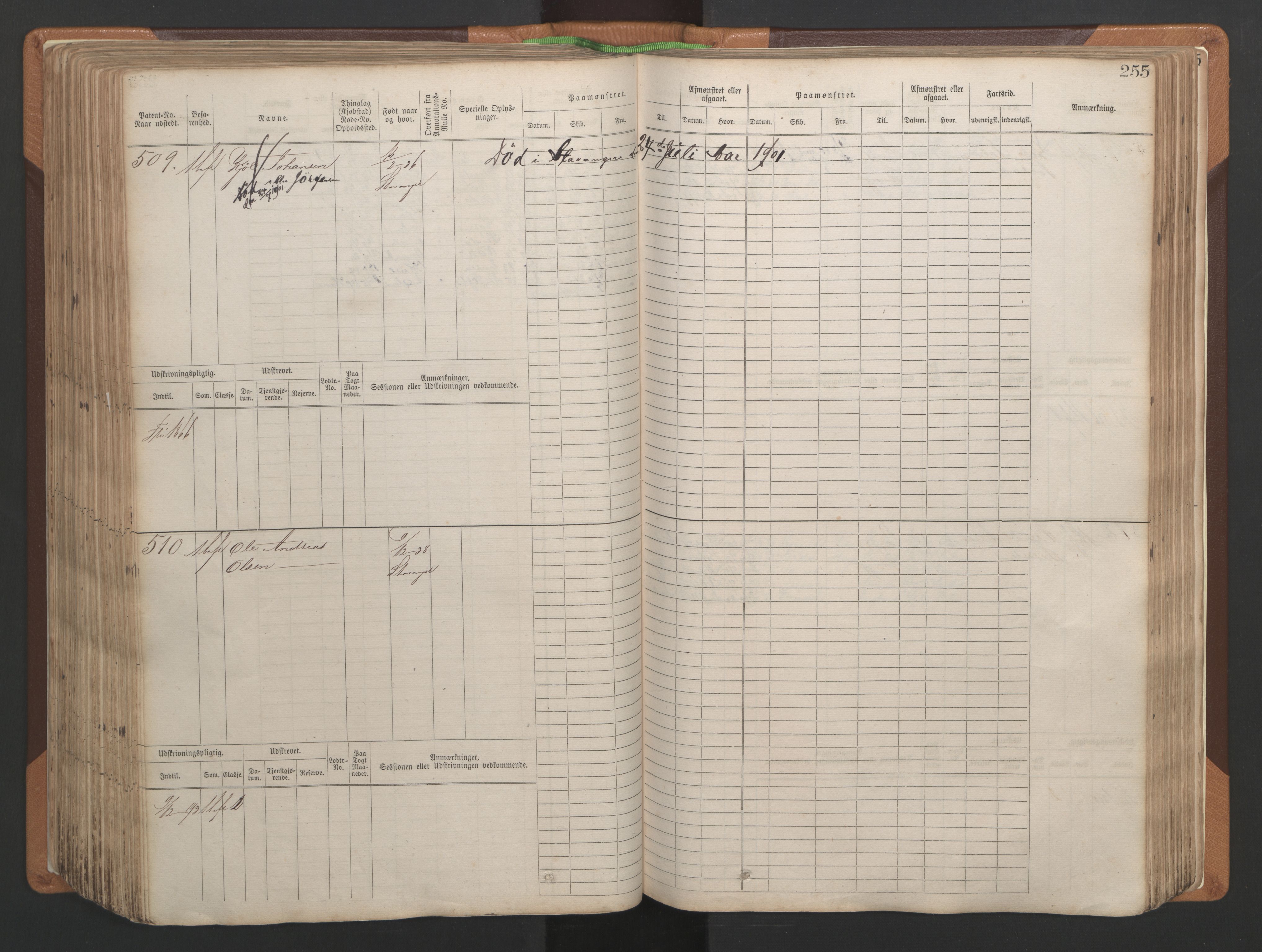 Stavanger sjømannskontor, AV/SAST-A-102006/F/Fb/Fbb/L0004: Sjøfartshovedrulle, patentnr. 1-792 (del 1), 1869-1880, p. 261