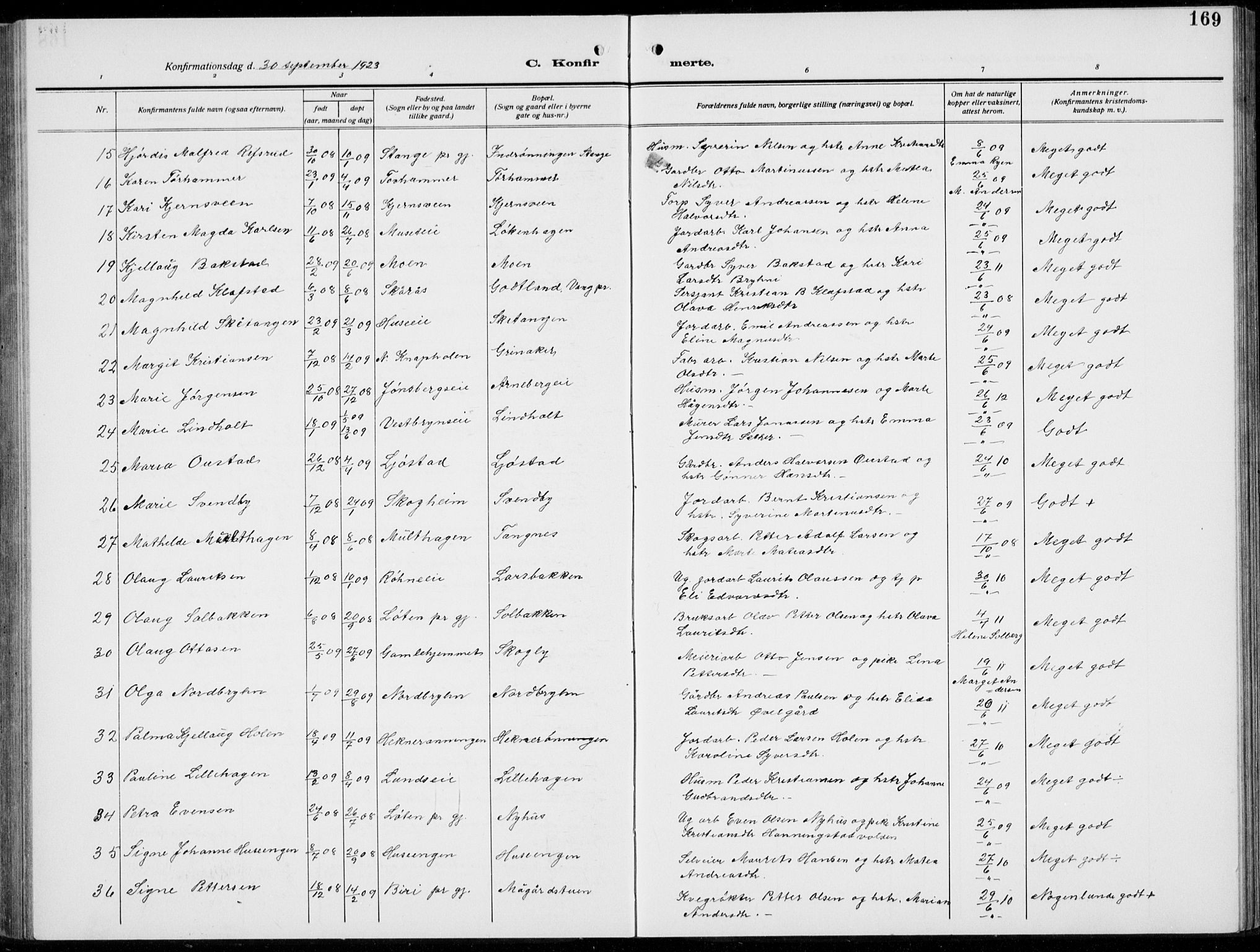 Romedal prestekontor, AV/SAH-PREST-004/L/L0014: Parish register (copy) no. 14, 1915-1939, p. 169