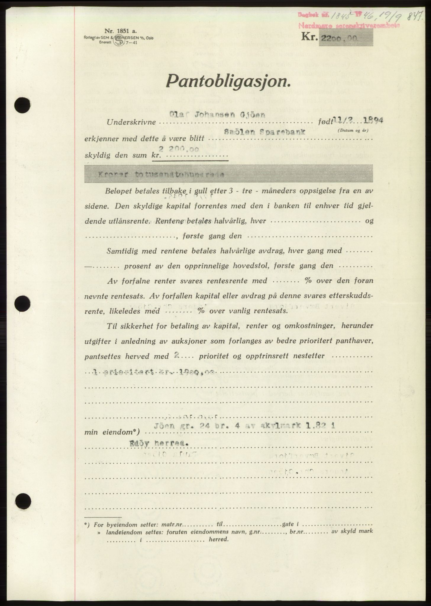 Nordmøre sorenskriveri, AV/SAT-A-4132/1/2/2Ca: Mortgage book no. B94, 1946-1946, Diary no: : 1845/1946