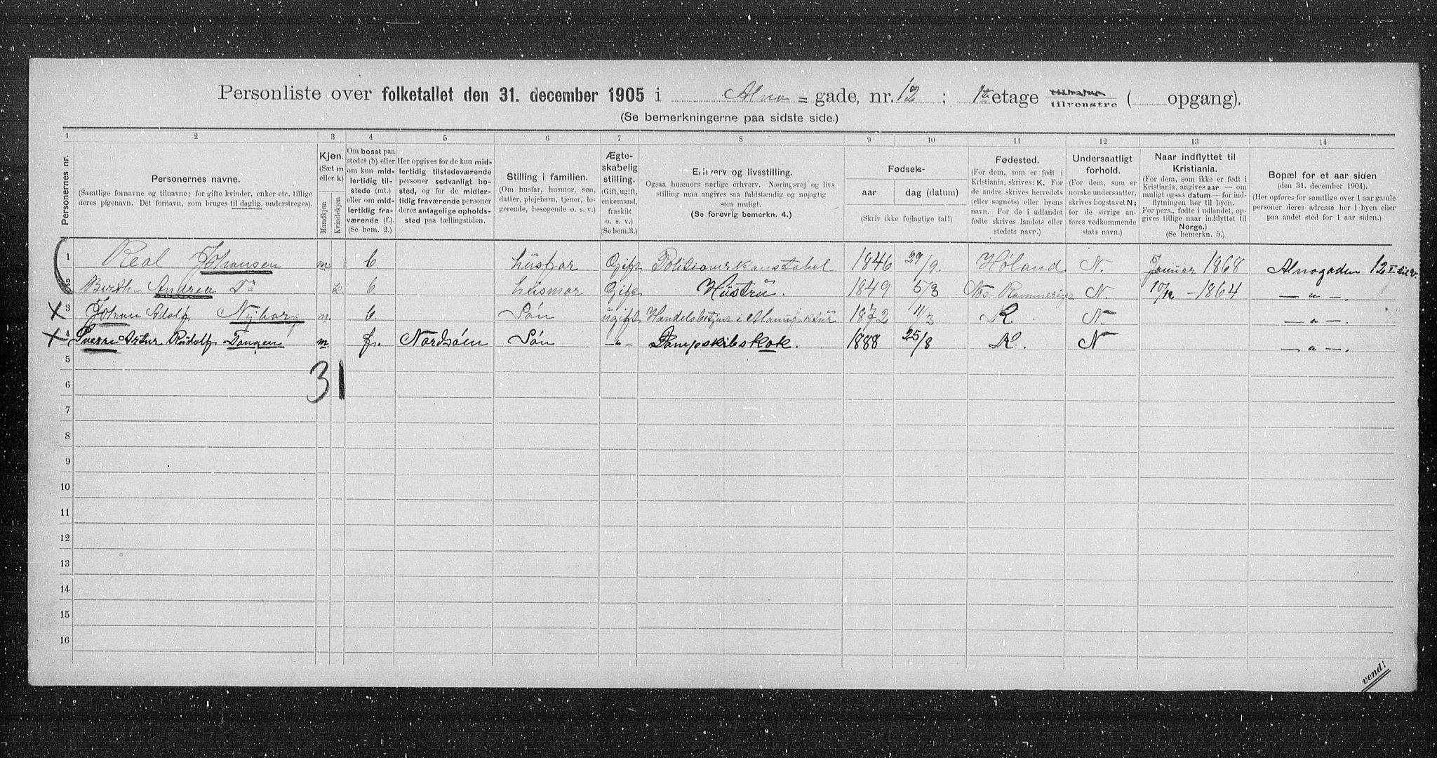 OBA, Municipal Census 1905 for Kristiania, 1905, p. 619