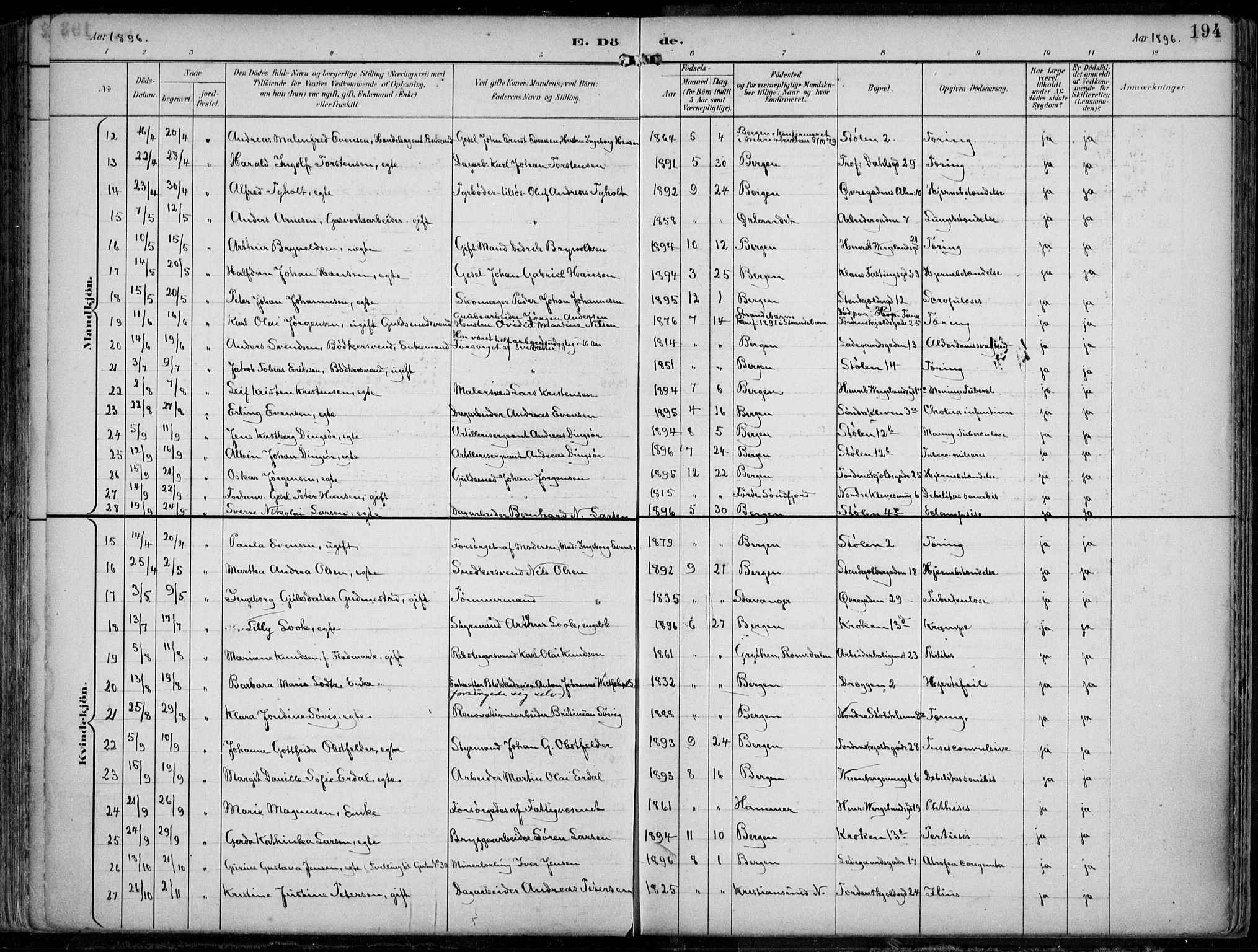 Mariakirken Sokneprestembete, AV/SAB-A-76901/H/Hab/L0005: Parish register (copy) no. A 5, 1893-1913, p. 194