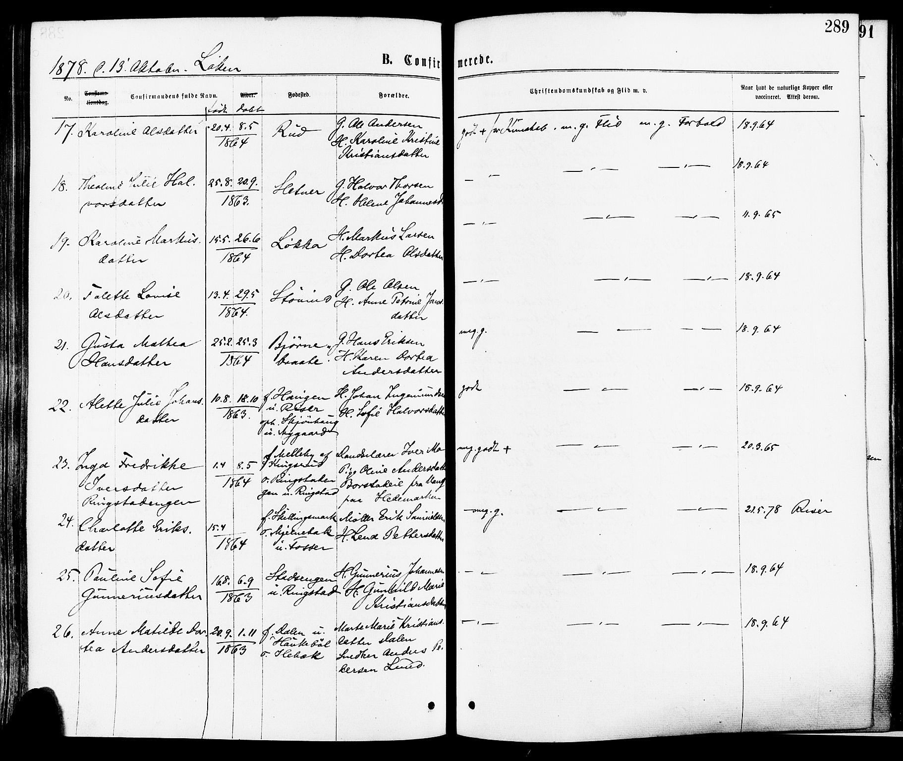 Høland prestekontor Kirkebøker, AV/SAO-A-10346a/F/Fa/L0012.a: Parish register (official) no. I 12A, 1869-1879, p. 289