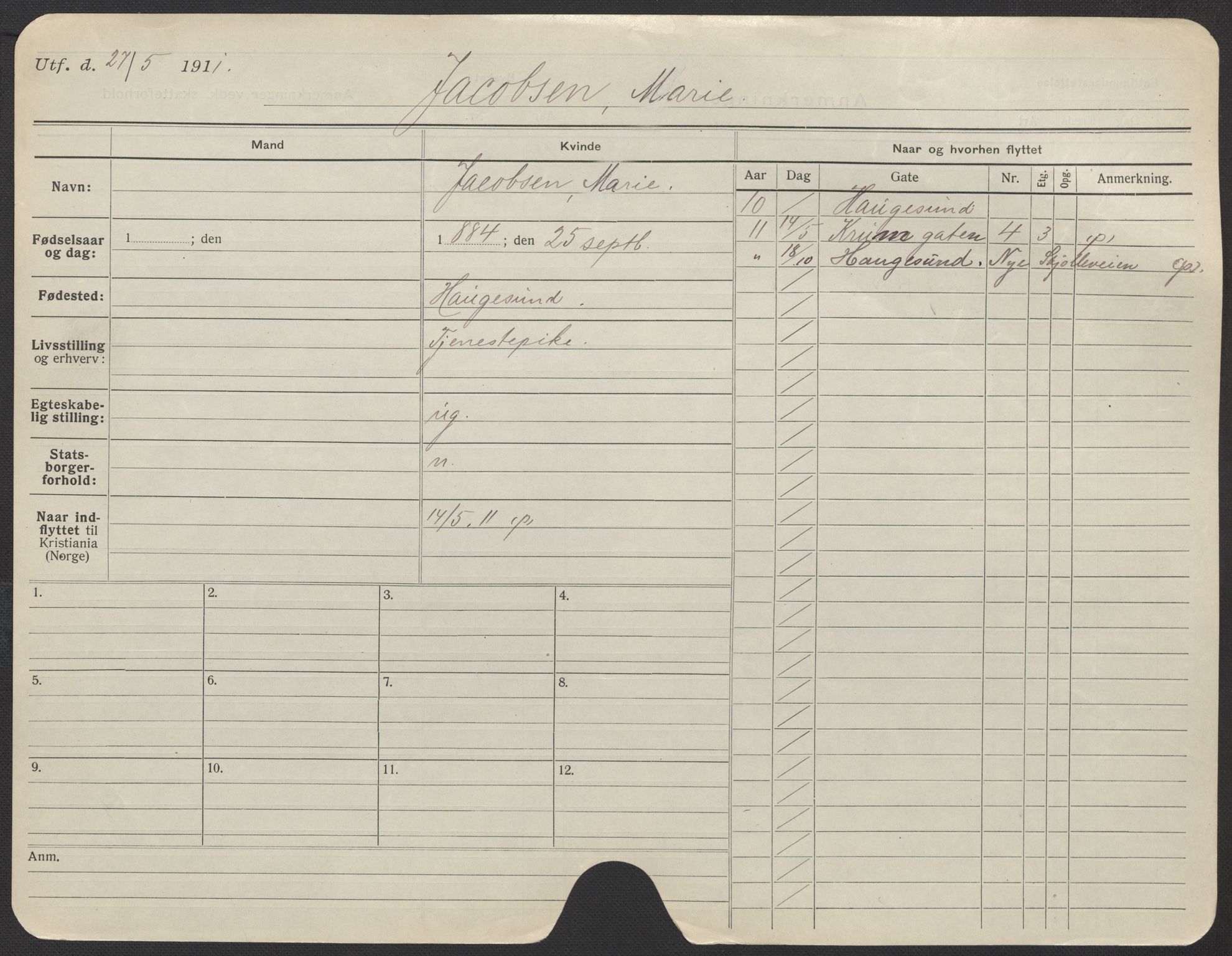 Oslo folkeregister, Registerkort, AV/SAO-A-11715/F/Fa/Fac/L0017: Kvinner, 1906-1914, p. 250a