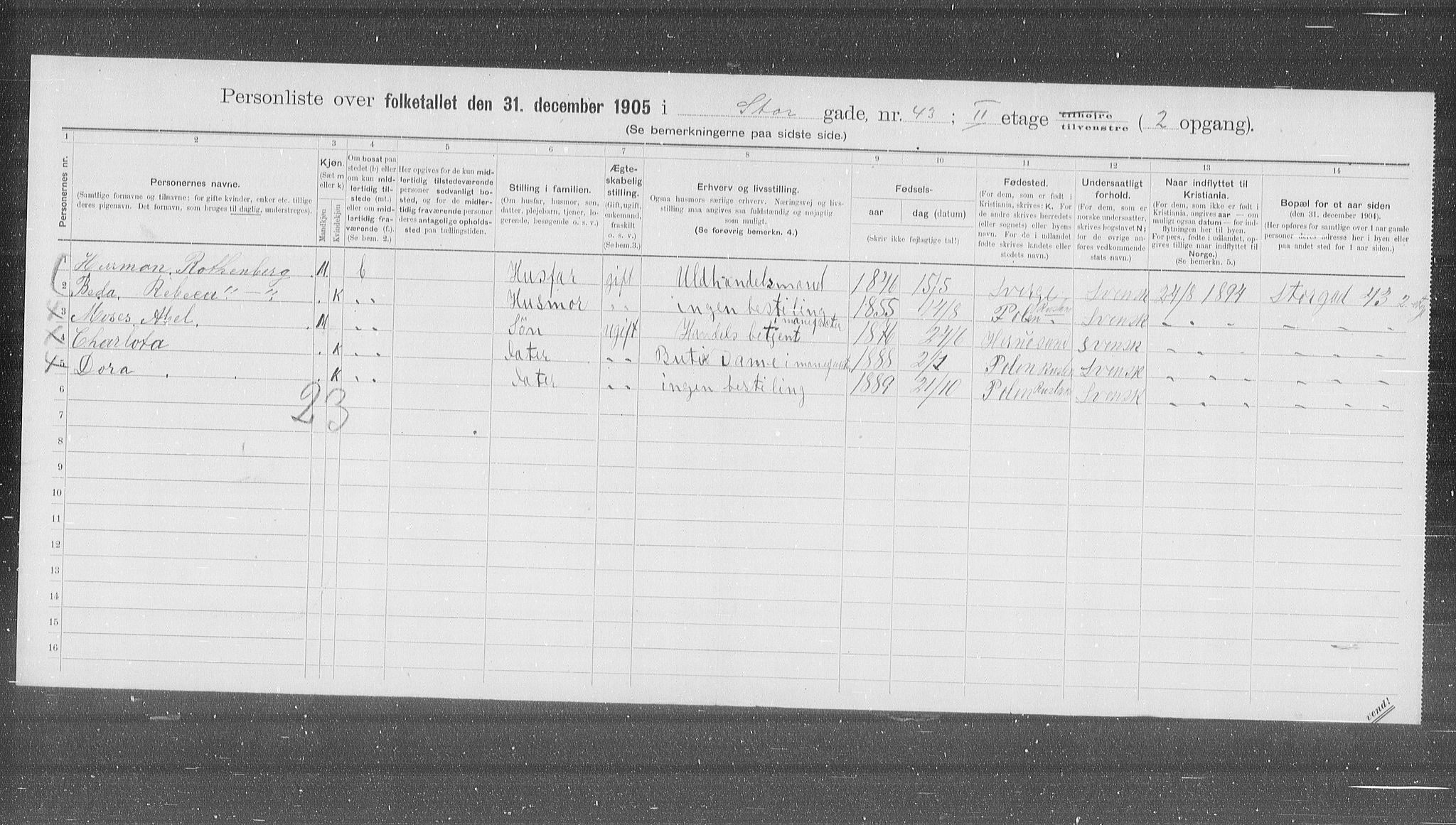 OBA, Municipal Census 1905 for Kristiania, 1905, p. 54182