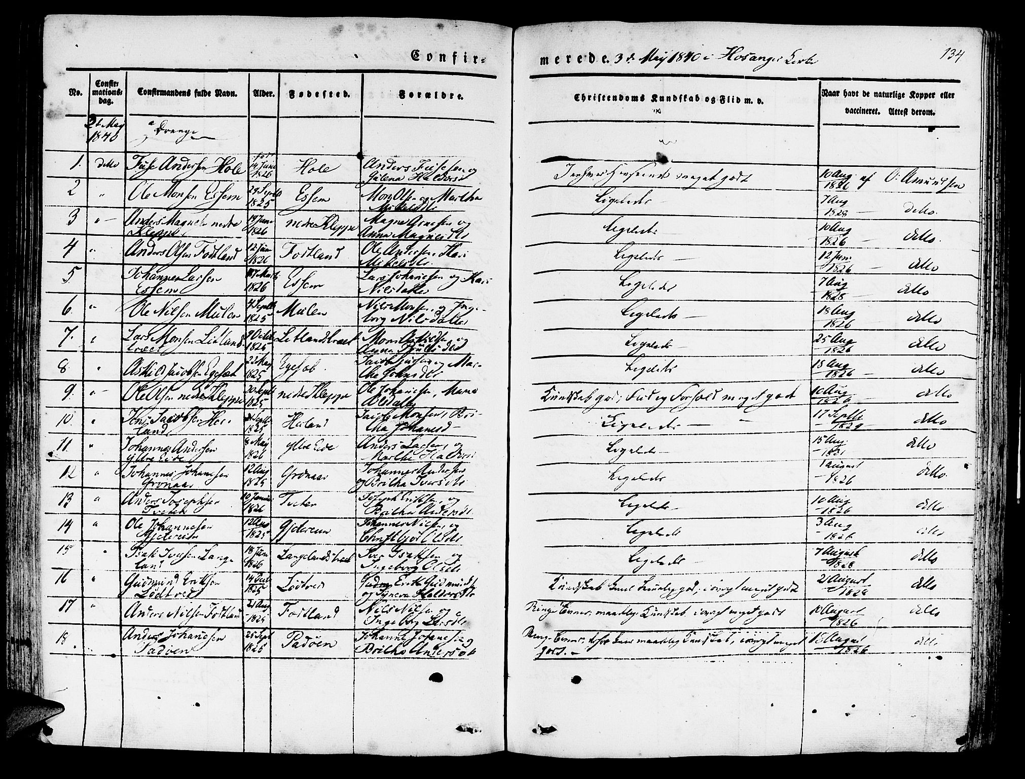 Hosanger sokneprestembete, AV/SAB-A-75801/H/Haa: Parish register (official) no. A 7, 1835-1848, p. 134