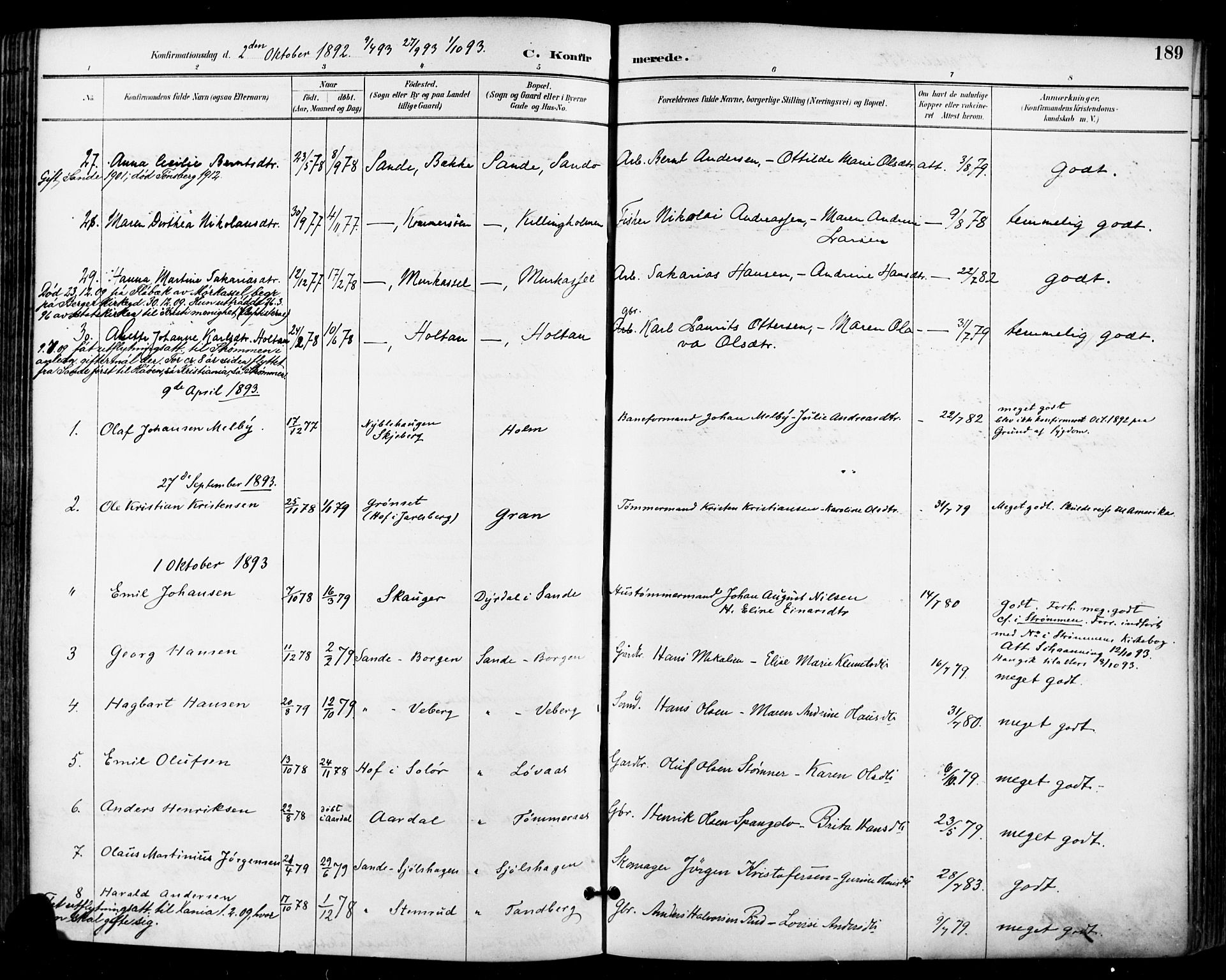 Sande Kirkebøker, SAKO/A-53/F/Fa/L0007: Parish register (official) no. 7, 1888-1903, p. 189