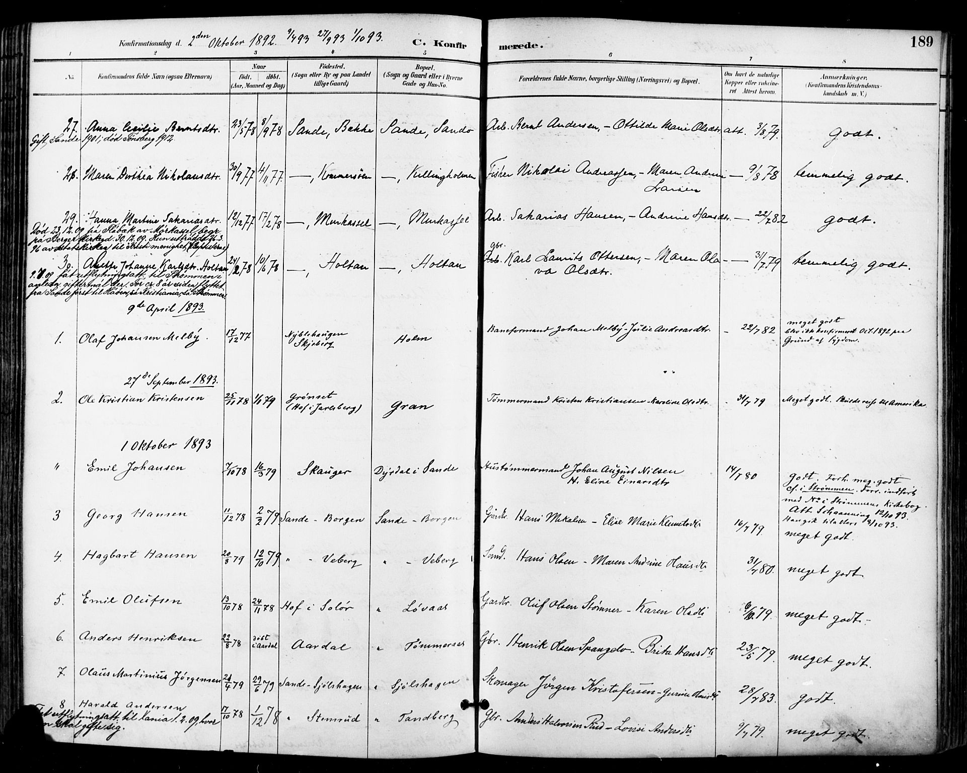 Sande Kirkebøker, AV/SAKO-A-53/F/Fa/L0007: Parish register (official) no. 7, 1888-1903, p. 189