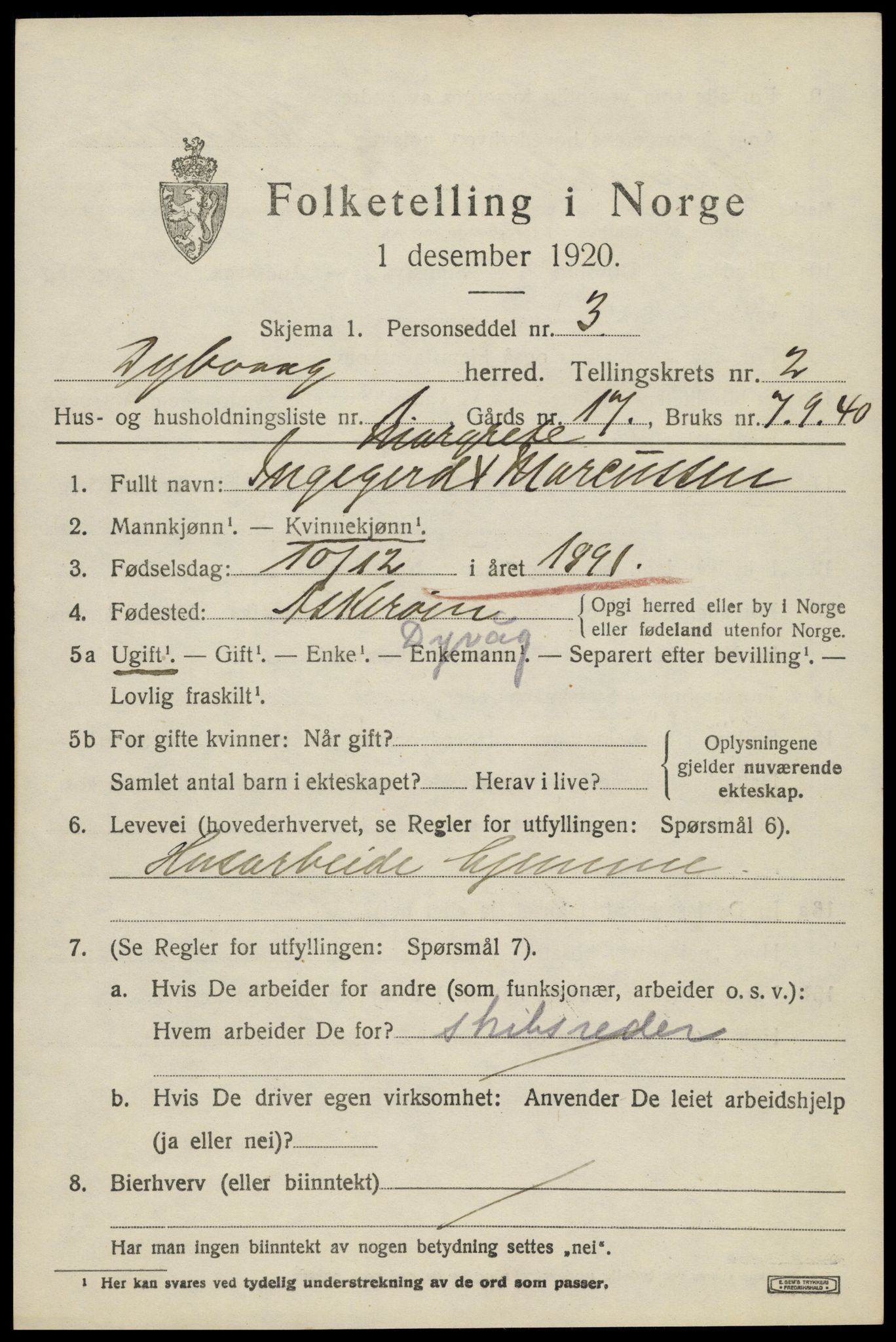 SAK, 1920 census for Dypvåg, 1920, p. 2071