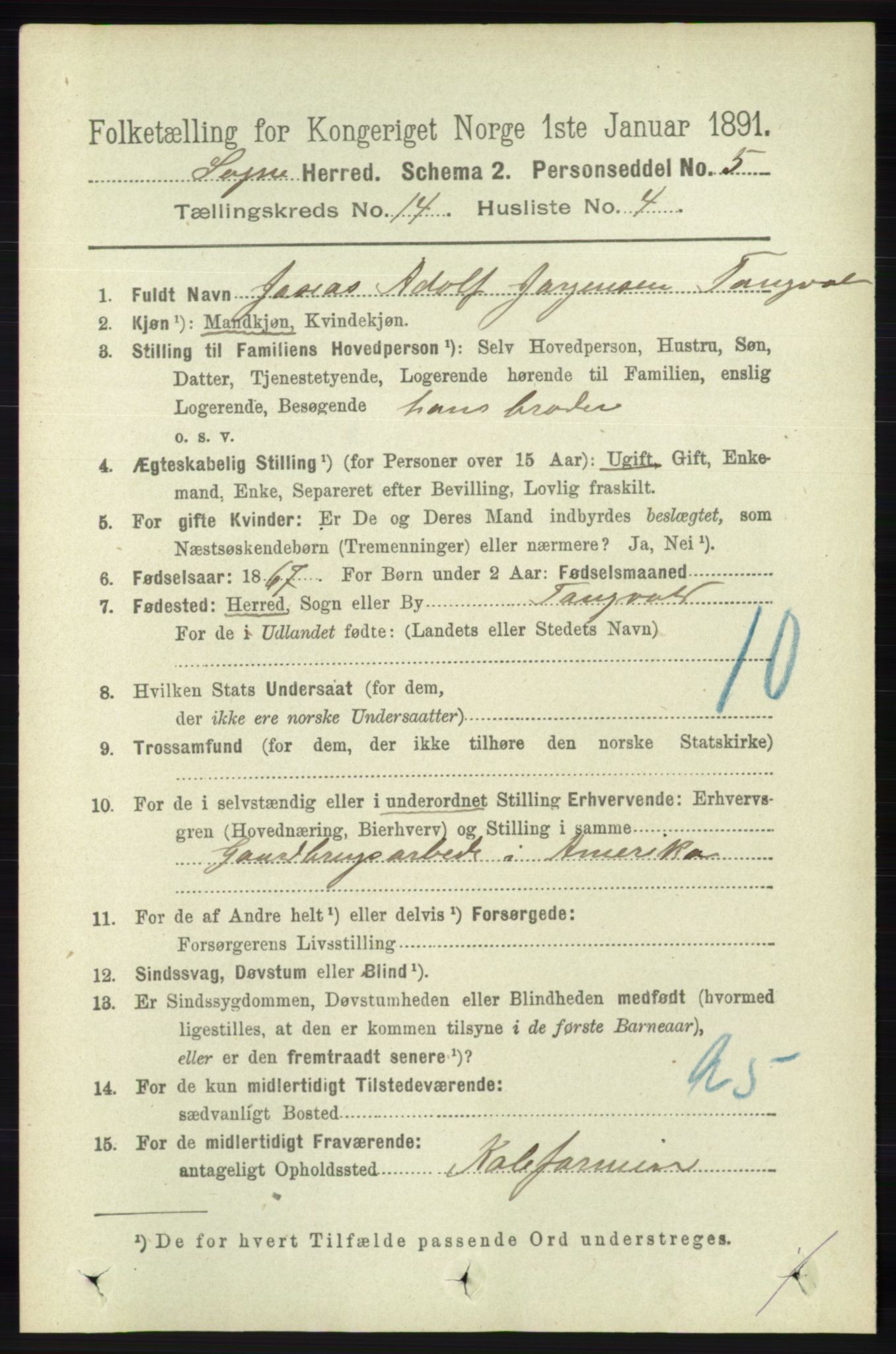 RA, 1891 census for 1018 Søgne, 1891, p. 3425