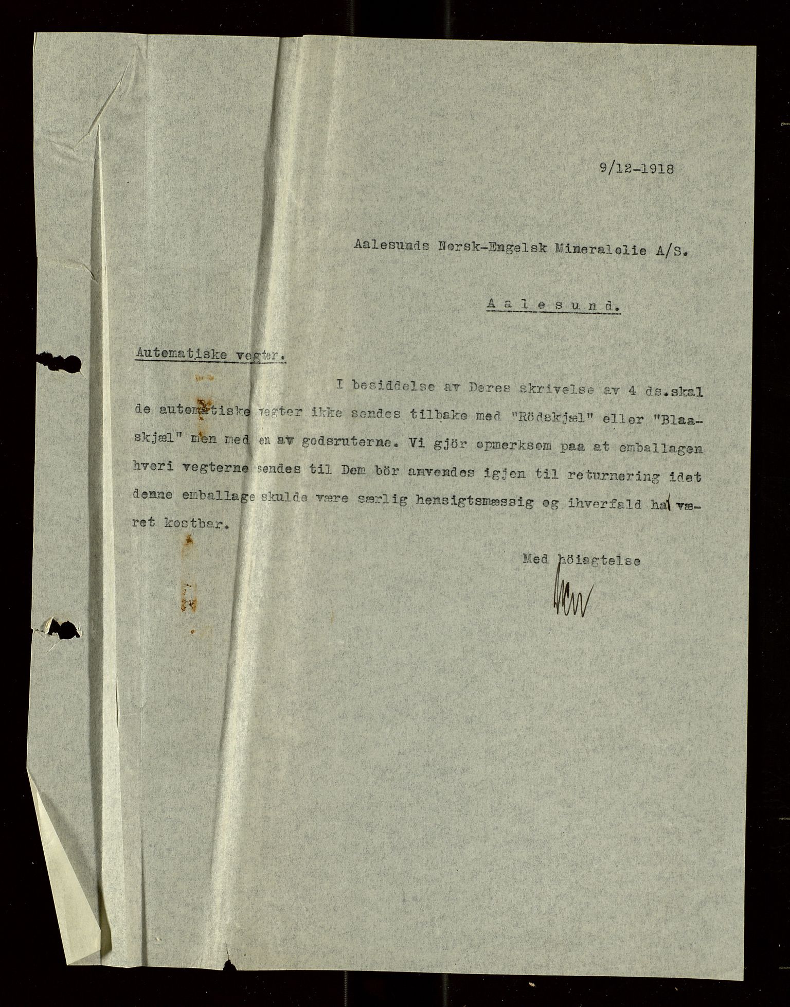 Pa 1521 - A/S Norske Shell, AV/SAST-A-101915/E/Ea/Eaa/L0021: Sjefskorrespondanse, 1918, p. 275