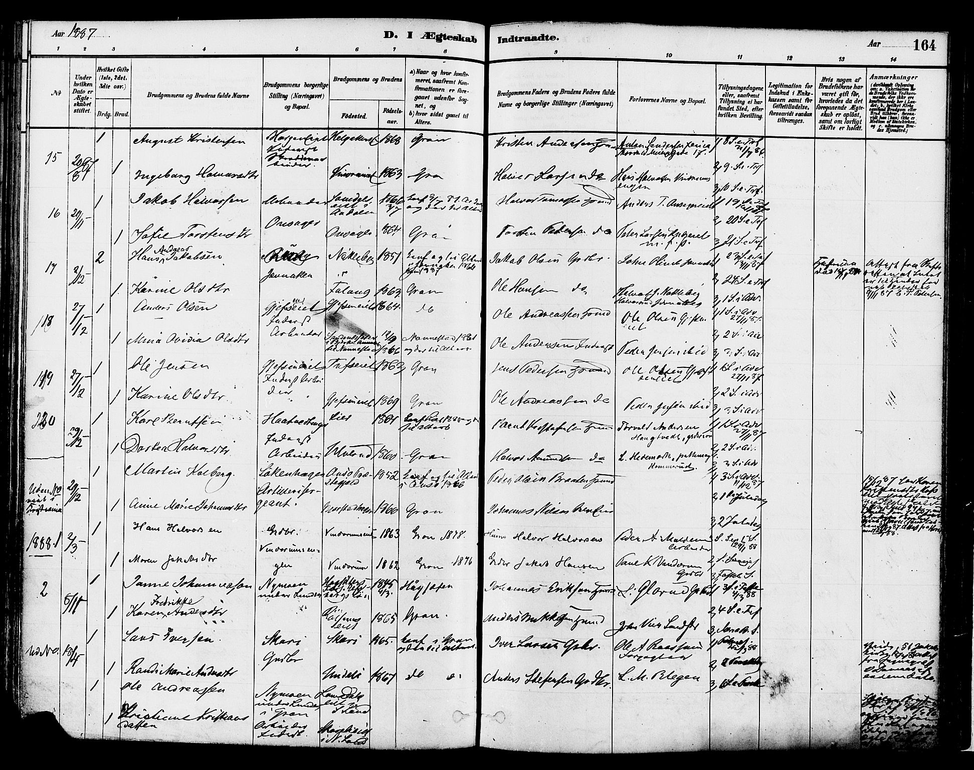Gran prestekontor, SAH/PREST-112/H/Ha/Haa/L0014: Parish register (official) no. 14, 1880-1889, p. 164