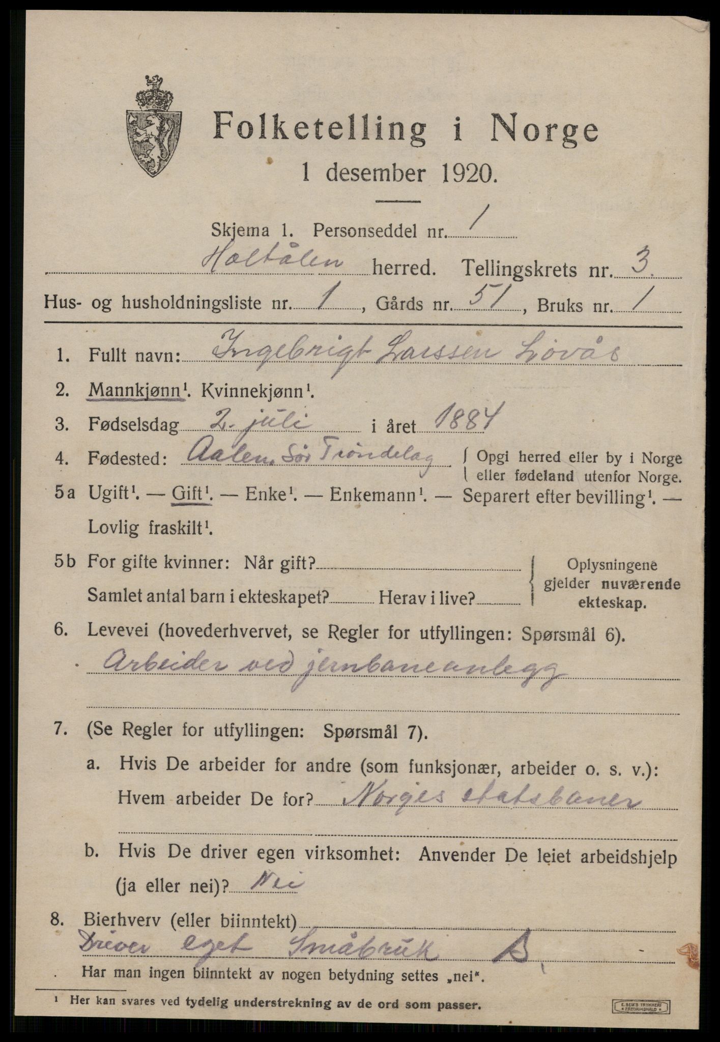 SAT, 1920 census for Haltdalen, 1920, p. 1610