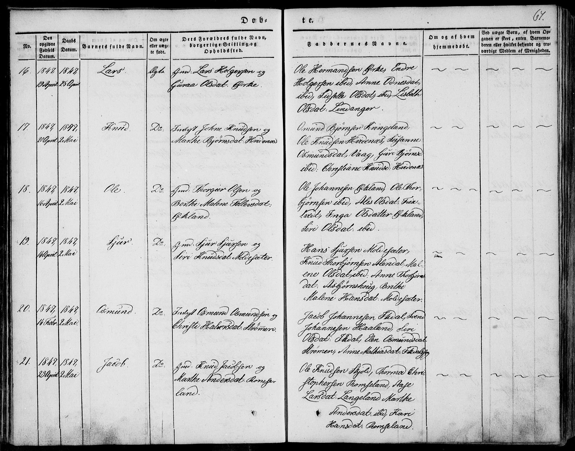 Skjold sokneprestkontor, SAST/A-101847/H/Ha/Haa/L0006: Parish register (official) no. A 6.1, 1835-1858, p. 67